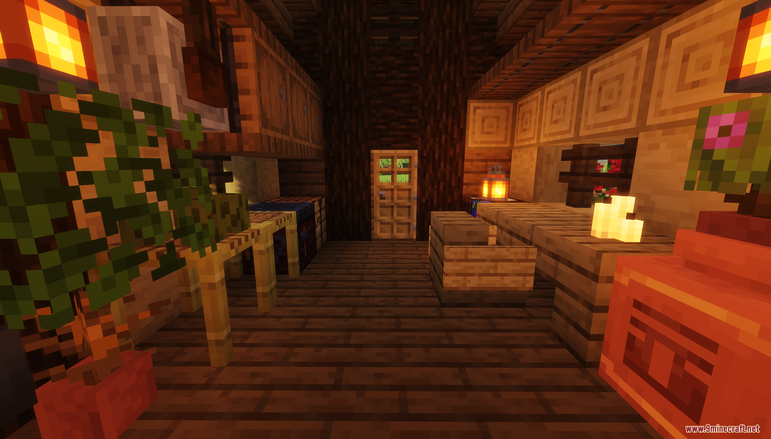 Detailed cabin interior featuring crafting stations and warm lantern lighting