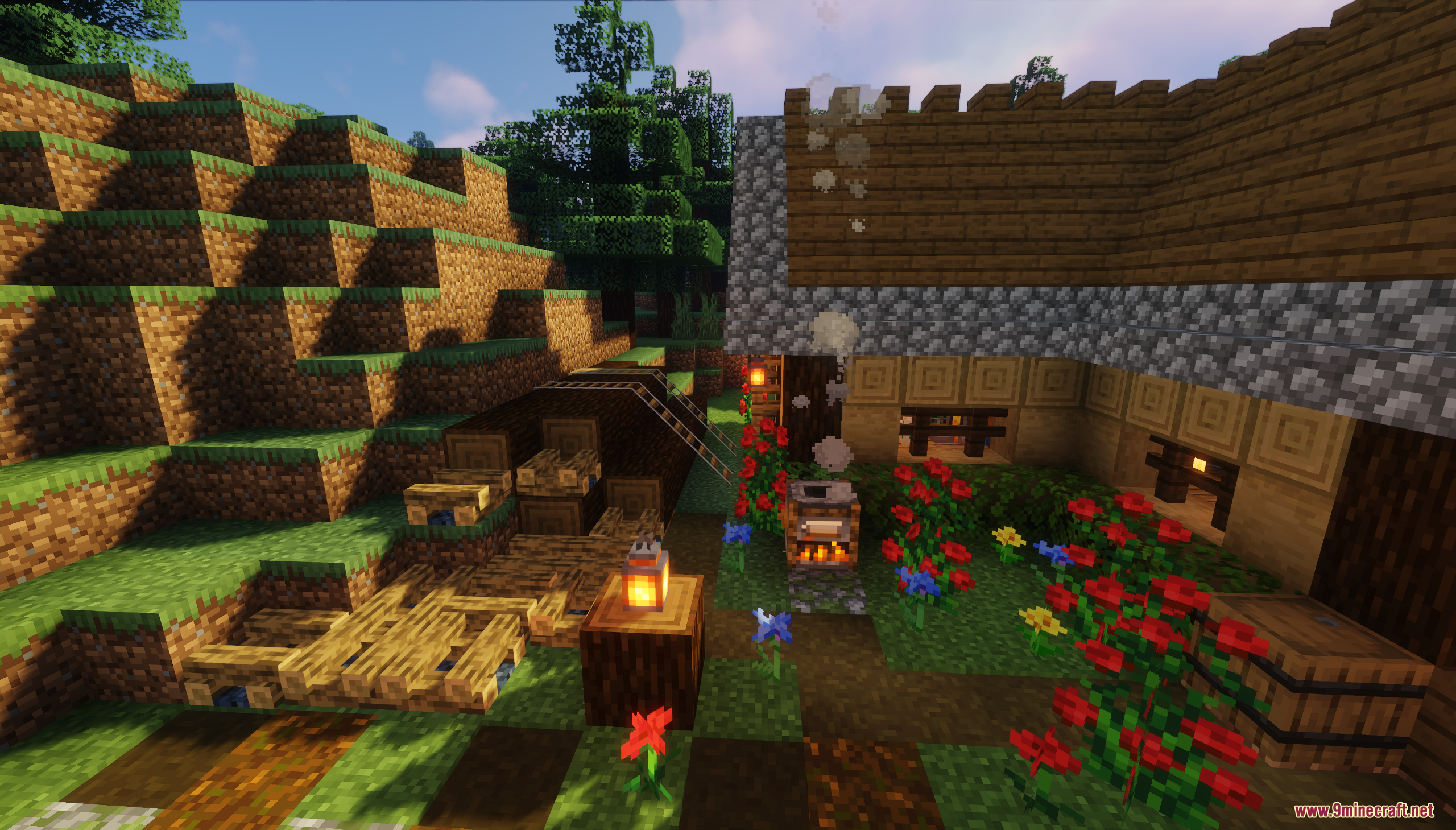 Exterior view of the cozy wooden starter house with a garden