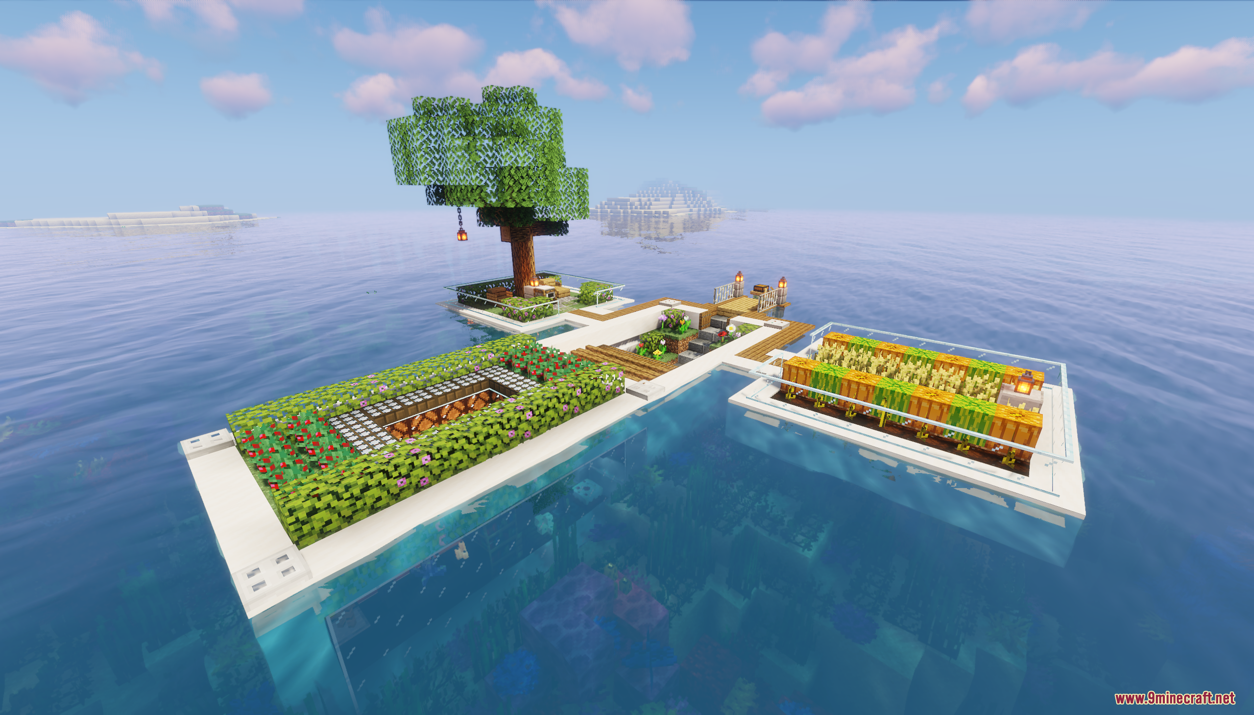 A modern floating base with multiple farms on the ocean