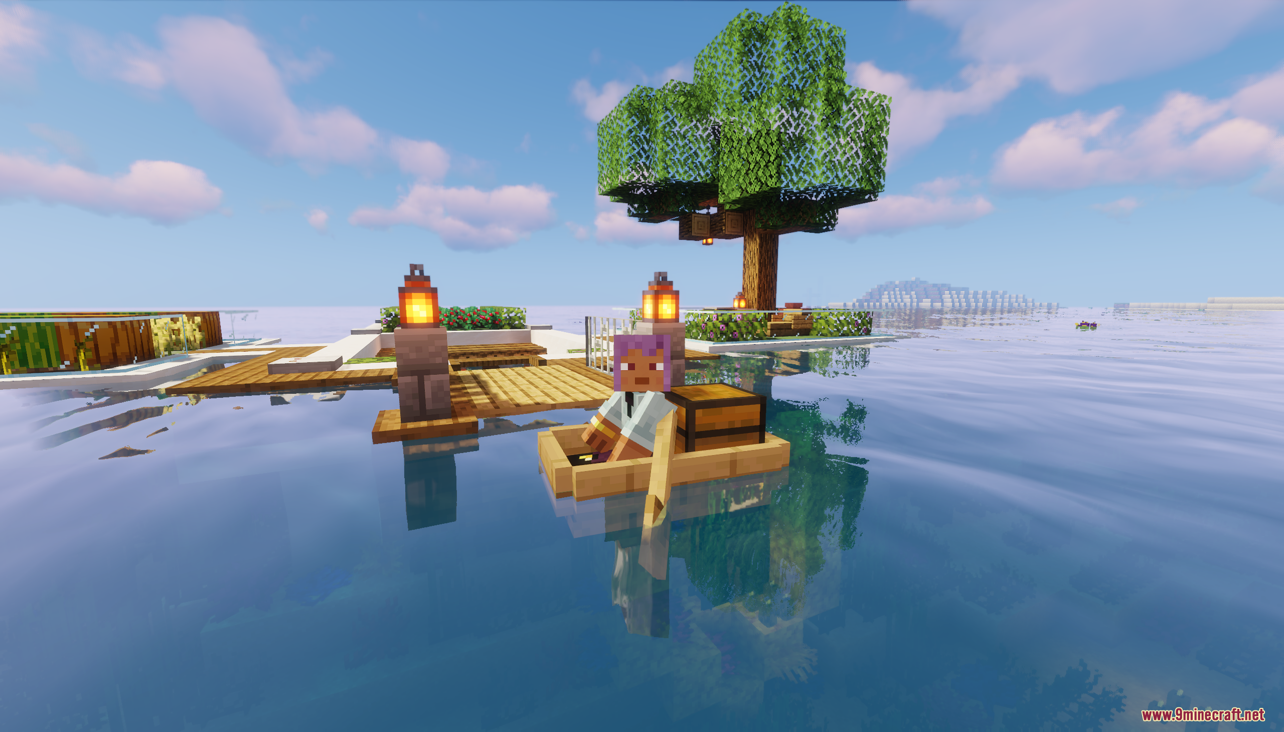 Player in a boat next to a small island dock