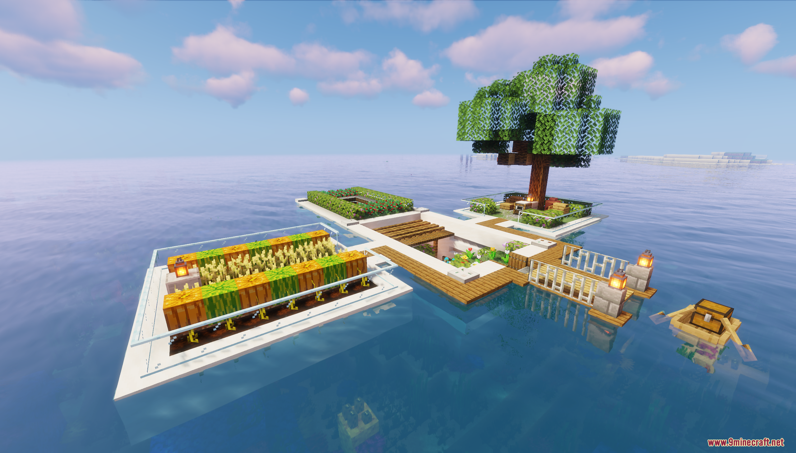 An aerial view of the floating ocean base and dock