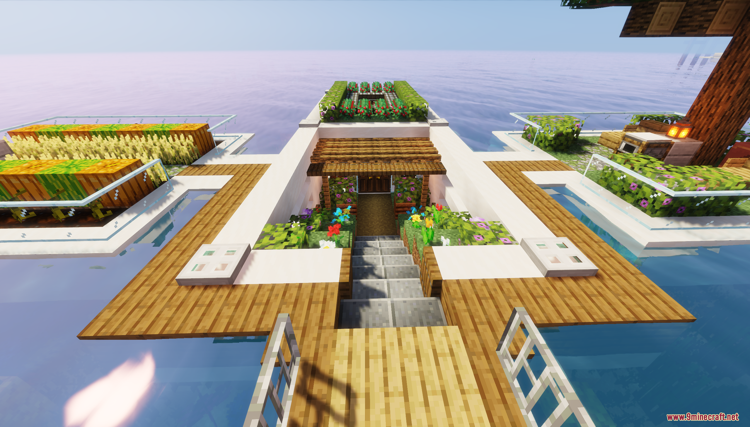 Entrance to a modern floating base with small farms