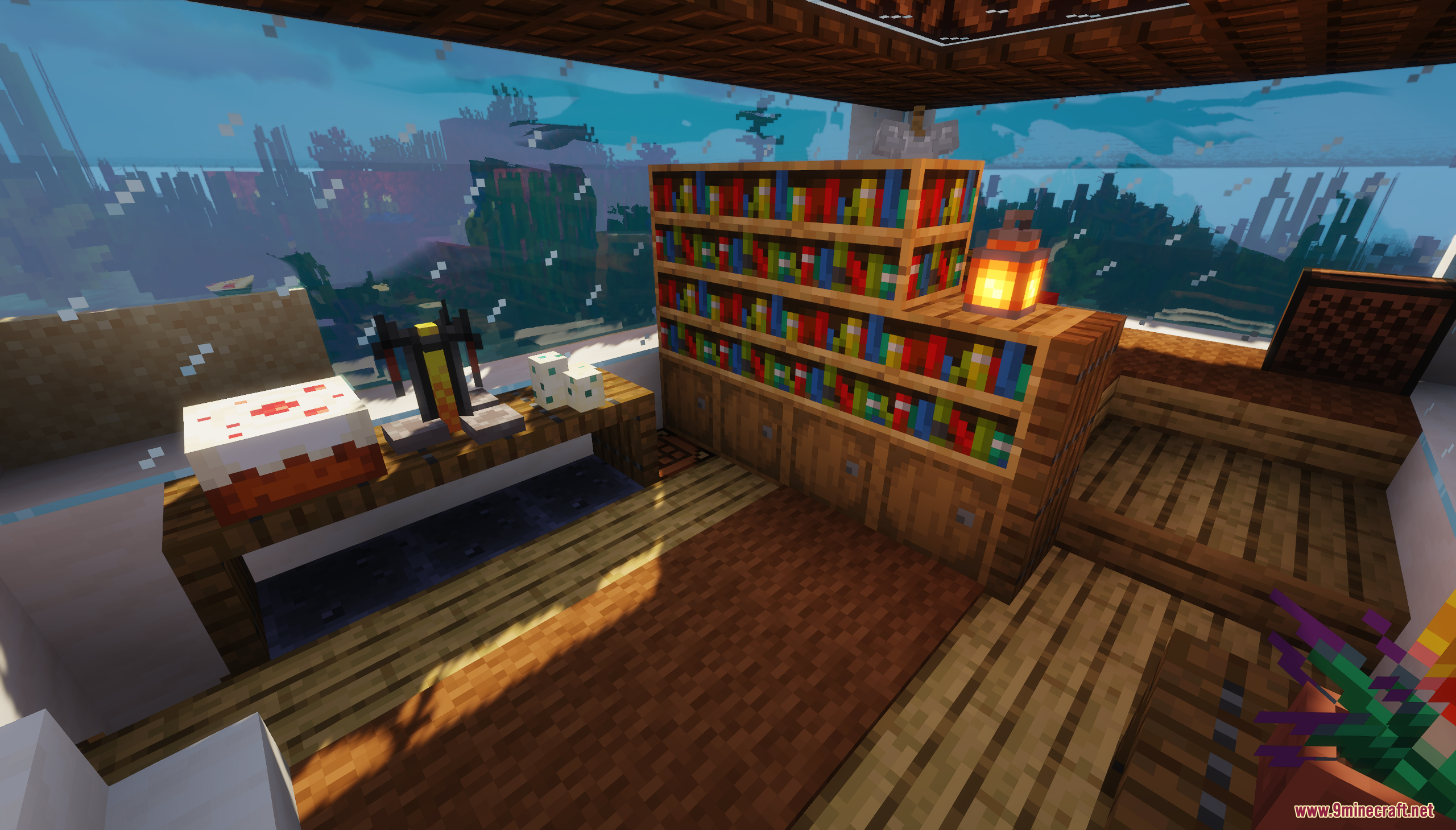 Cozy underwater study room with a large ocean view window