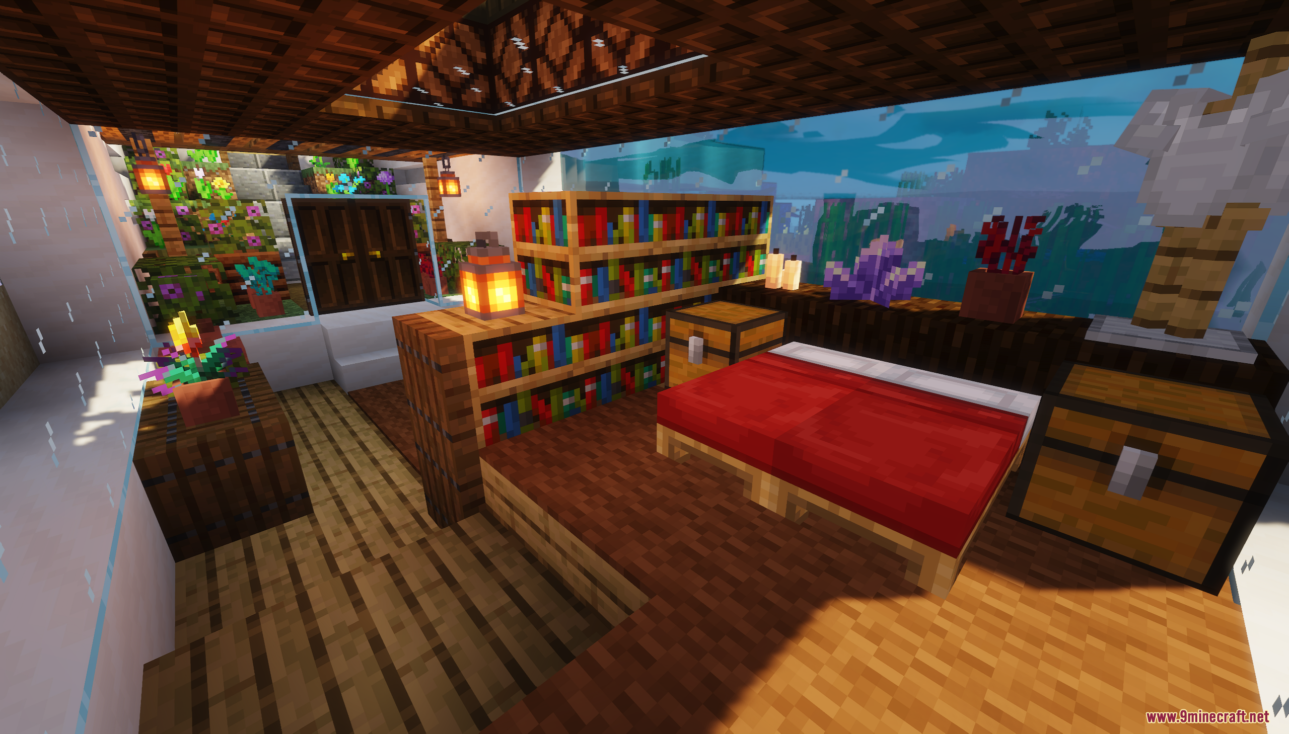 Underwater bedroom with a red bed and large glass windows