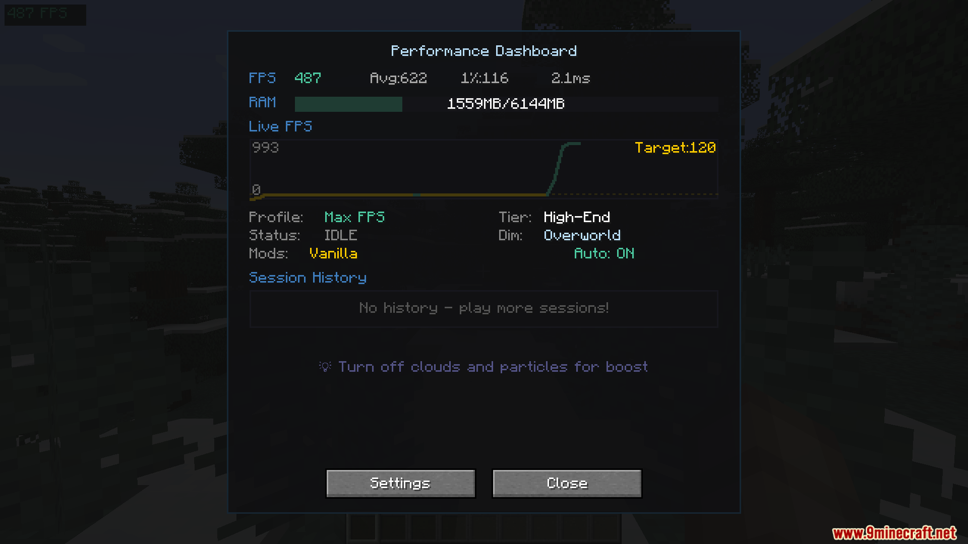 Smart FPS Booster Mod Screenshot 3 Performance dashboard displaying live frame rate graph and memory usage statistics