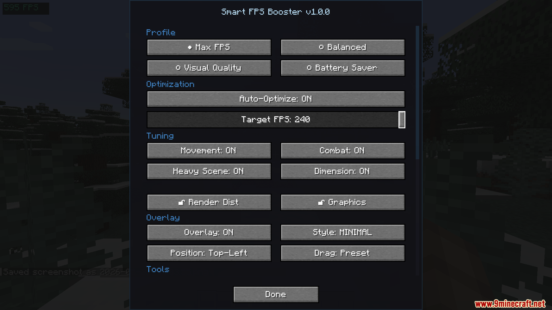 Smart FPS Booster Mod Screenshot 4 Smart FPS Booster settings menu for adjusting optimization profiles and tuning
