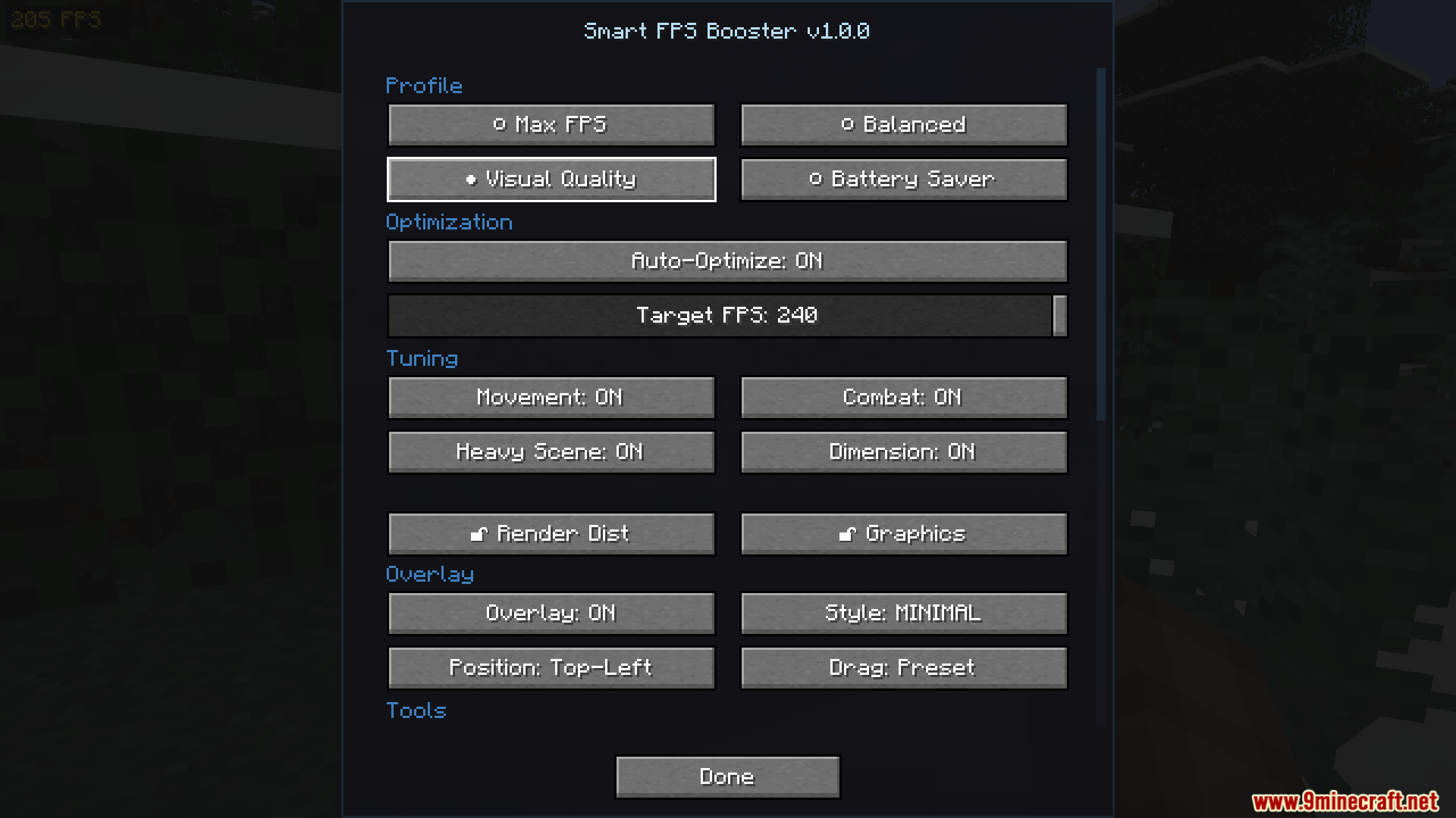 Smart FPS Booster Mod Screenshot 5 Main settings menu of the Smart FPS Booster mod for performance optimization