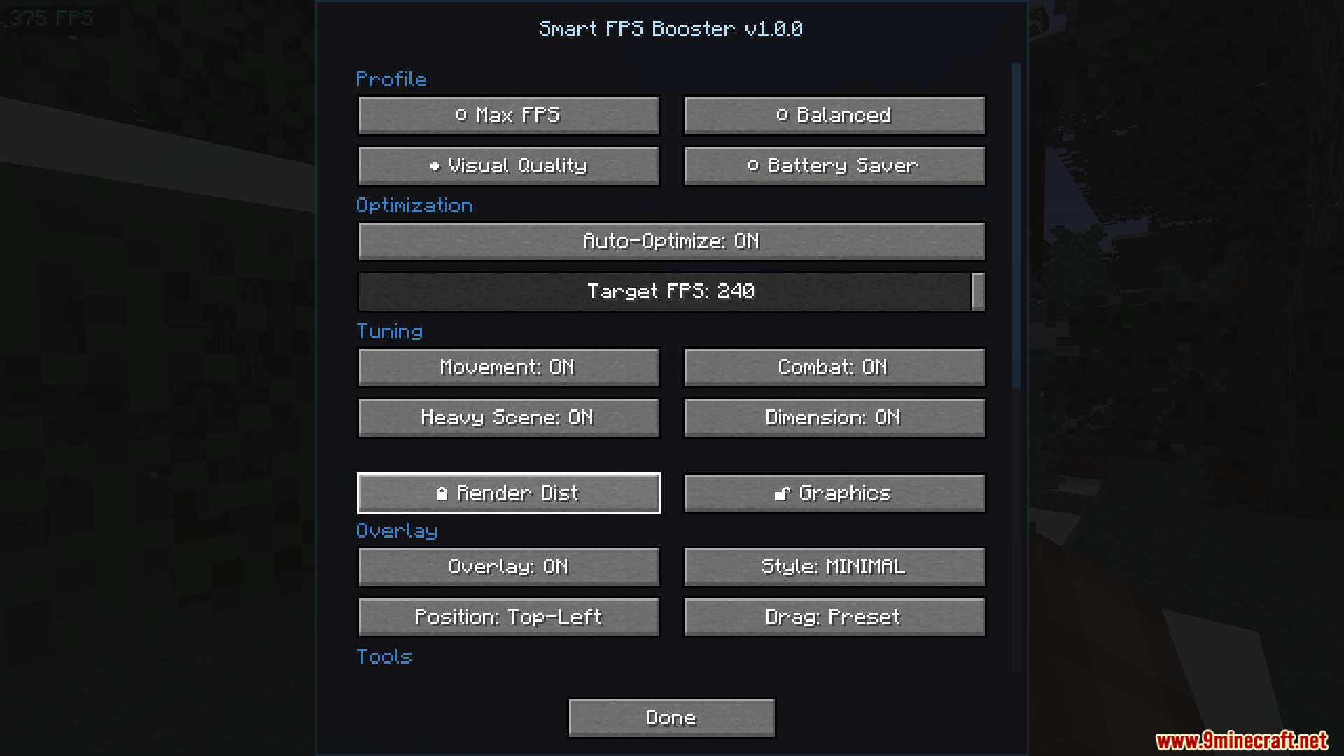 Smart FPS Booster Mod Screenshot 6 User interface showing tuning options with the render distance setting highlighted