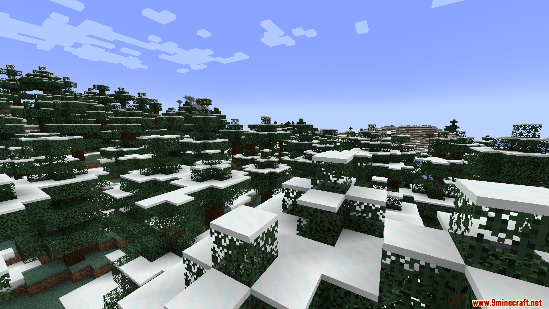 Smart FPS Booster Mod Screenshot 7 A dense snowy taiga forest with many spruce trees covered in white snow