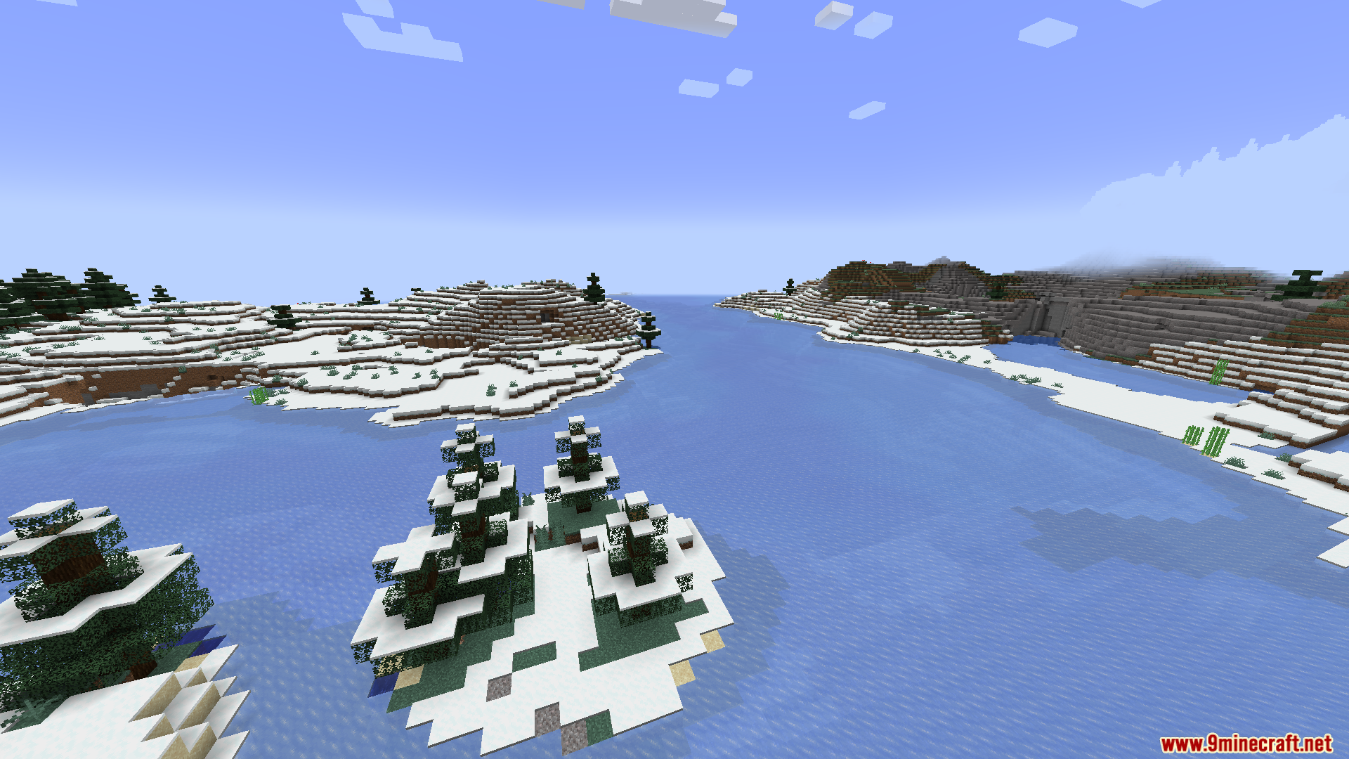 Smart FPS Booster Mod Screenshot 8 A frozen river winding through a snowy landscape with small spruce tree islands