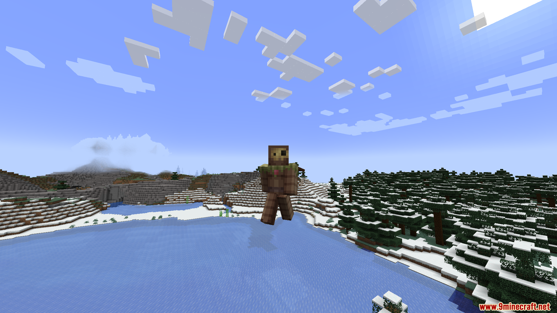 Smart FPS Booster Mod Screenshot 9 A player character wearing a wooden skin stands over a frozen lake