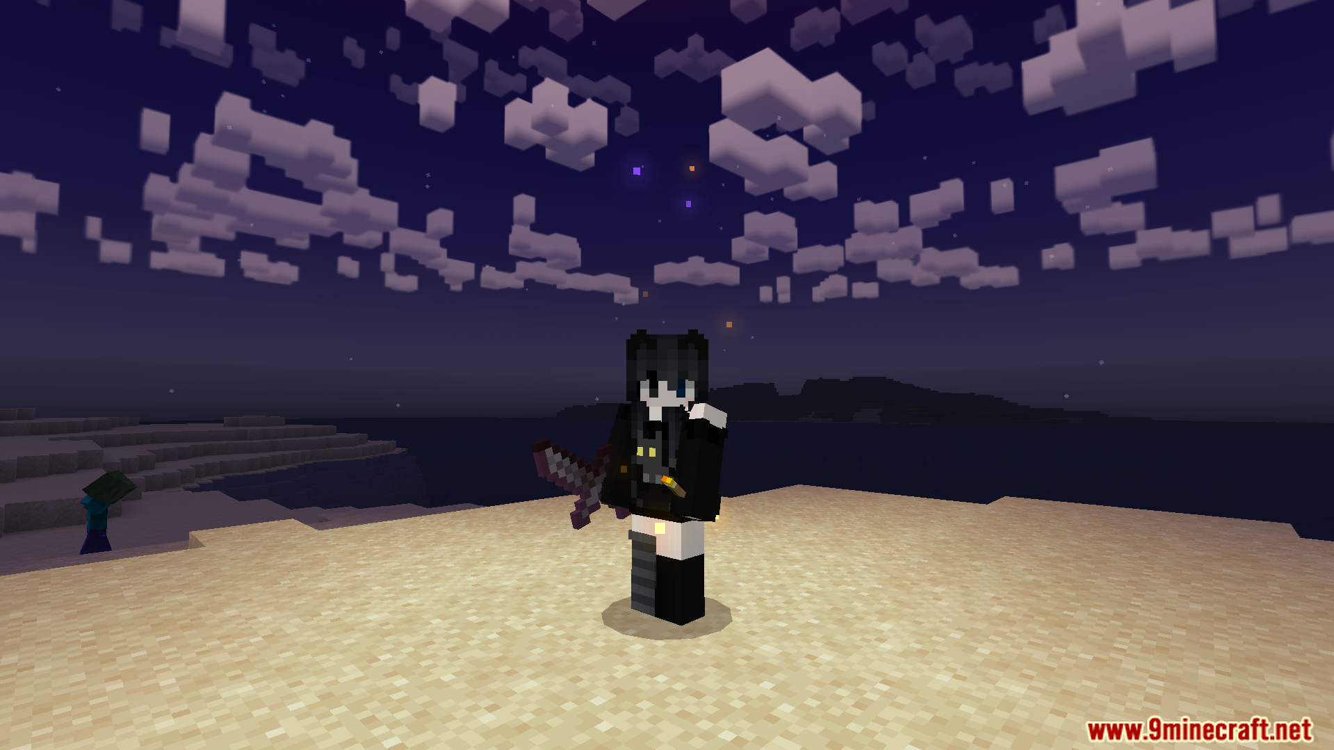 Sodvics Dynamic Light Offhand Torch Addon Screenshot 3 Player holding a glowing sword at night on a beach