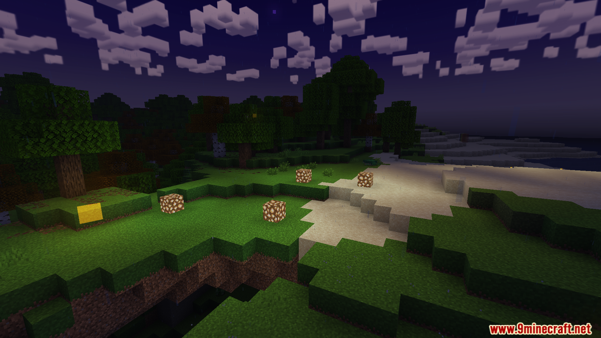 Sodvics Dynamic Light Offhand Torch Addon Screenshot 5 Glowing blocks placed on grass near sand in Minecraft