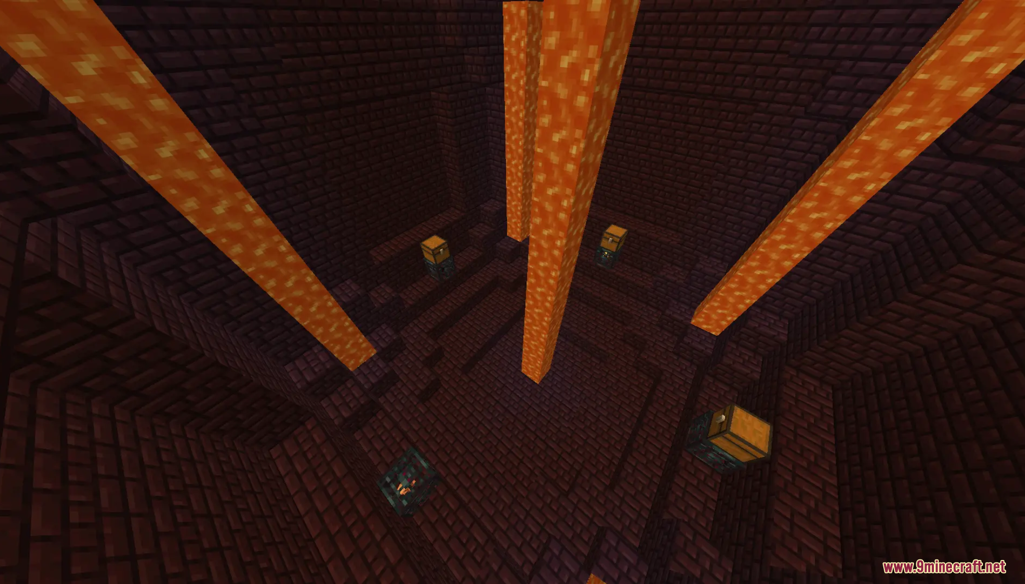 A Nether brick room with lava pillars and loot chests