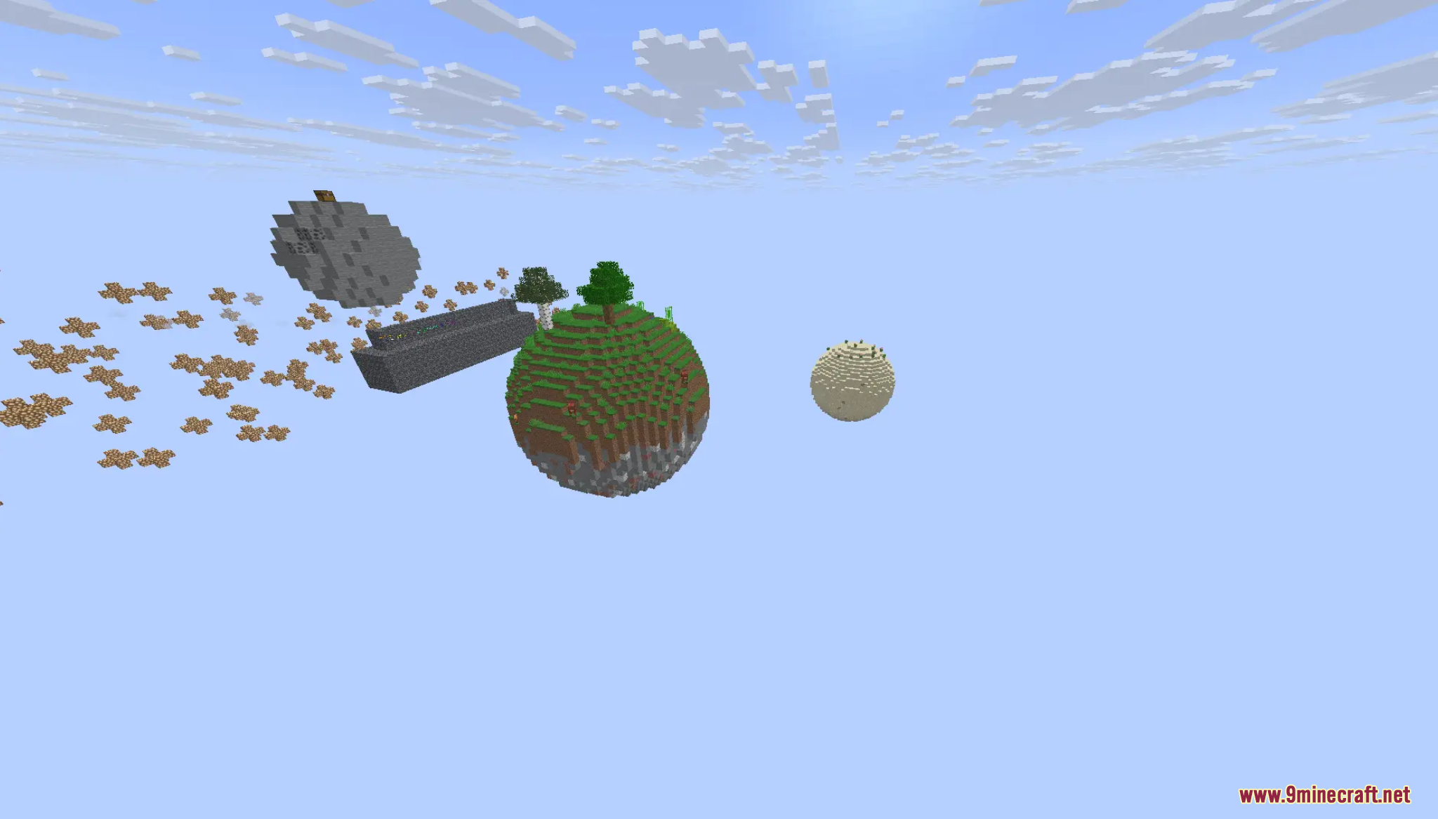 Floating spherical islands in a bright blue sky