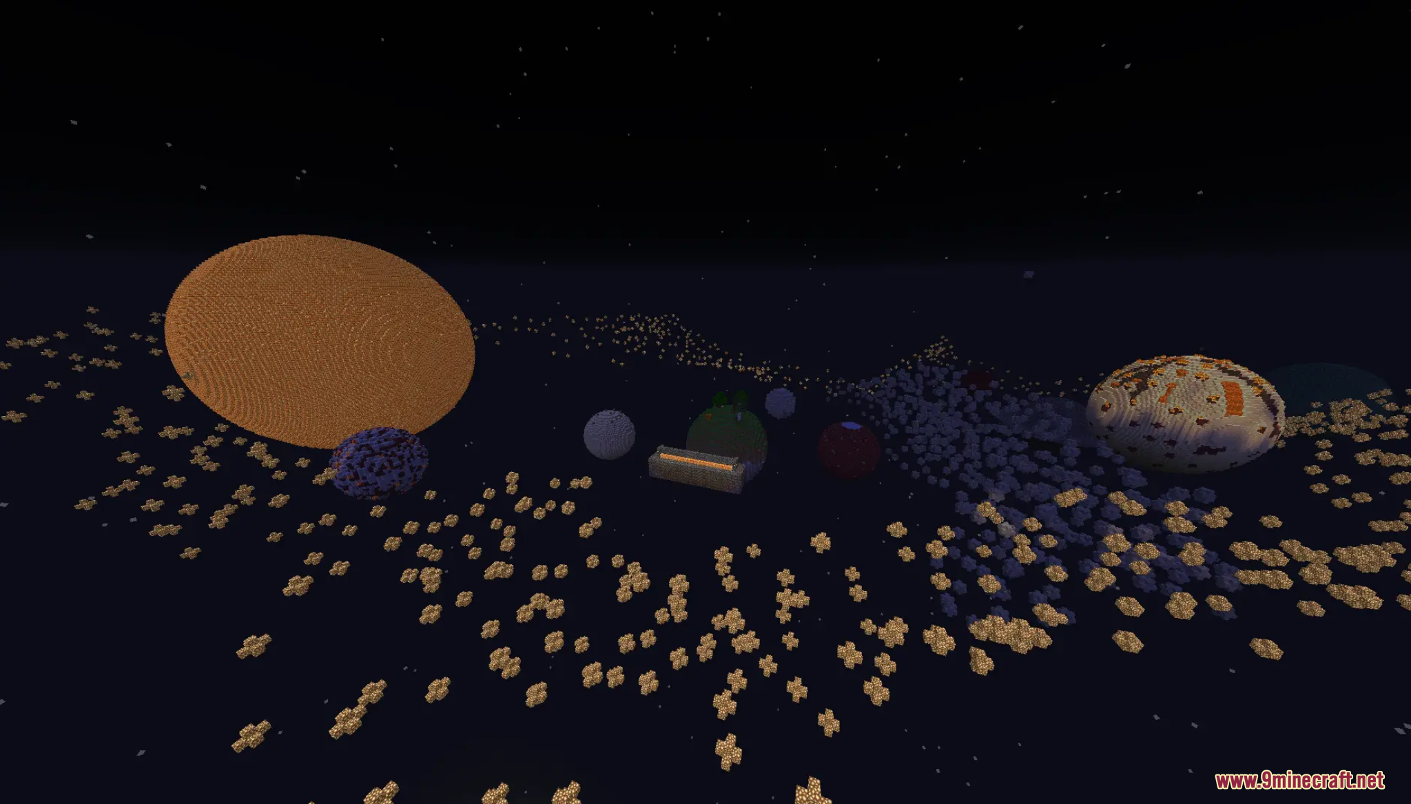 Many colorful planets and asteroids floating in space