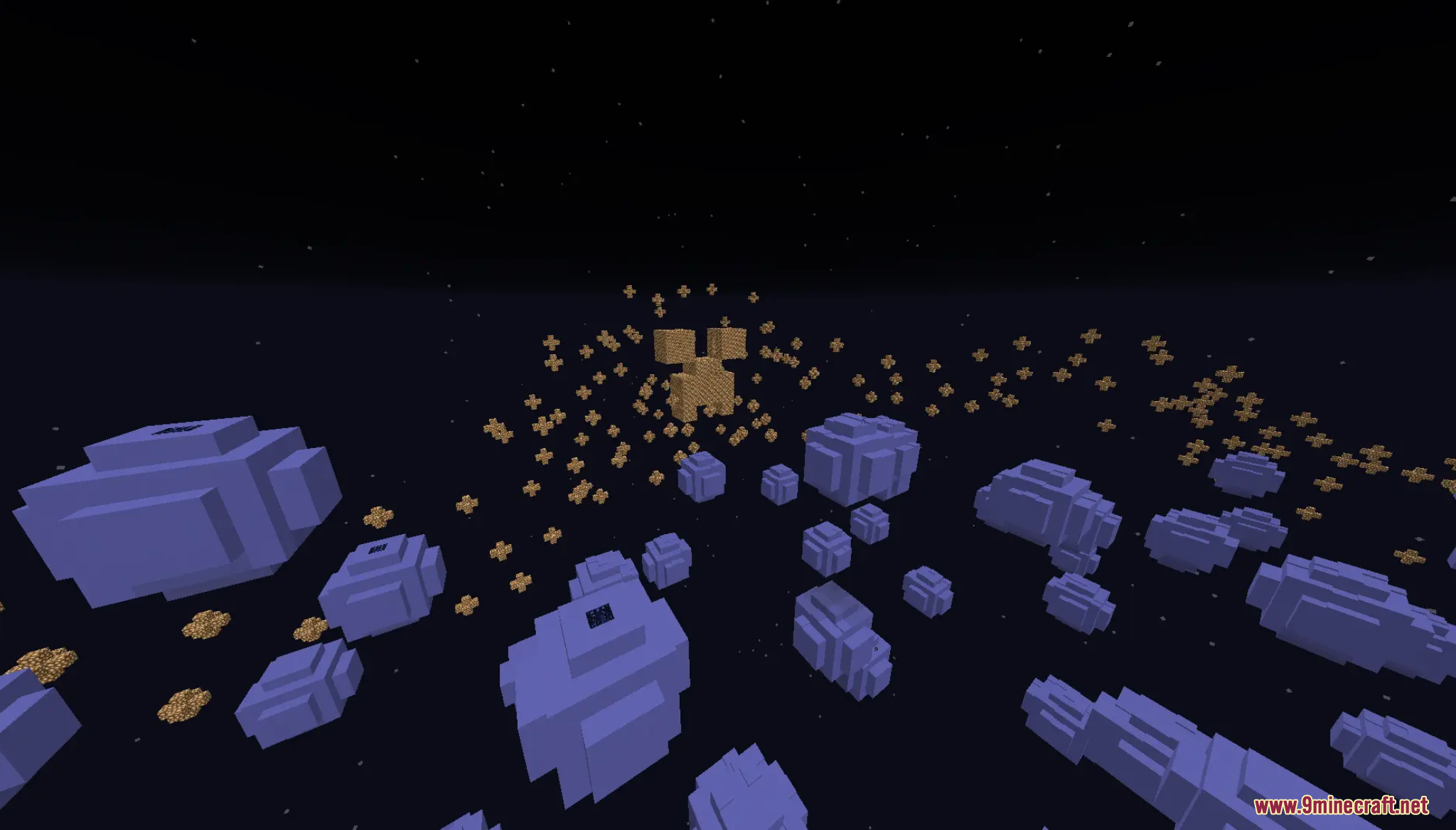 Floating purple asteroids in a dark star-filled void