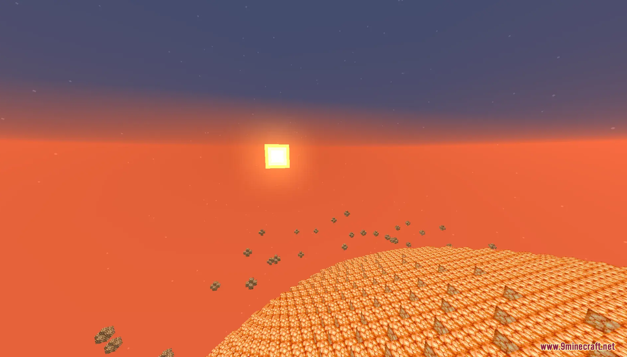 A giant glowing sun over a spherical planet