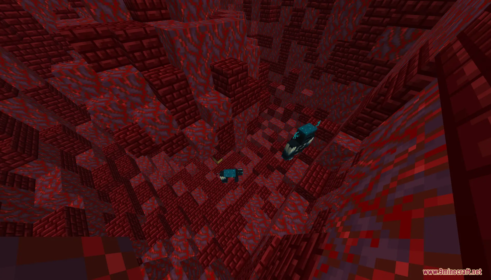 Strange blue creatures in a deep crimson cave