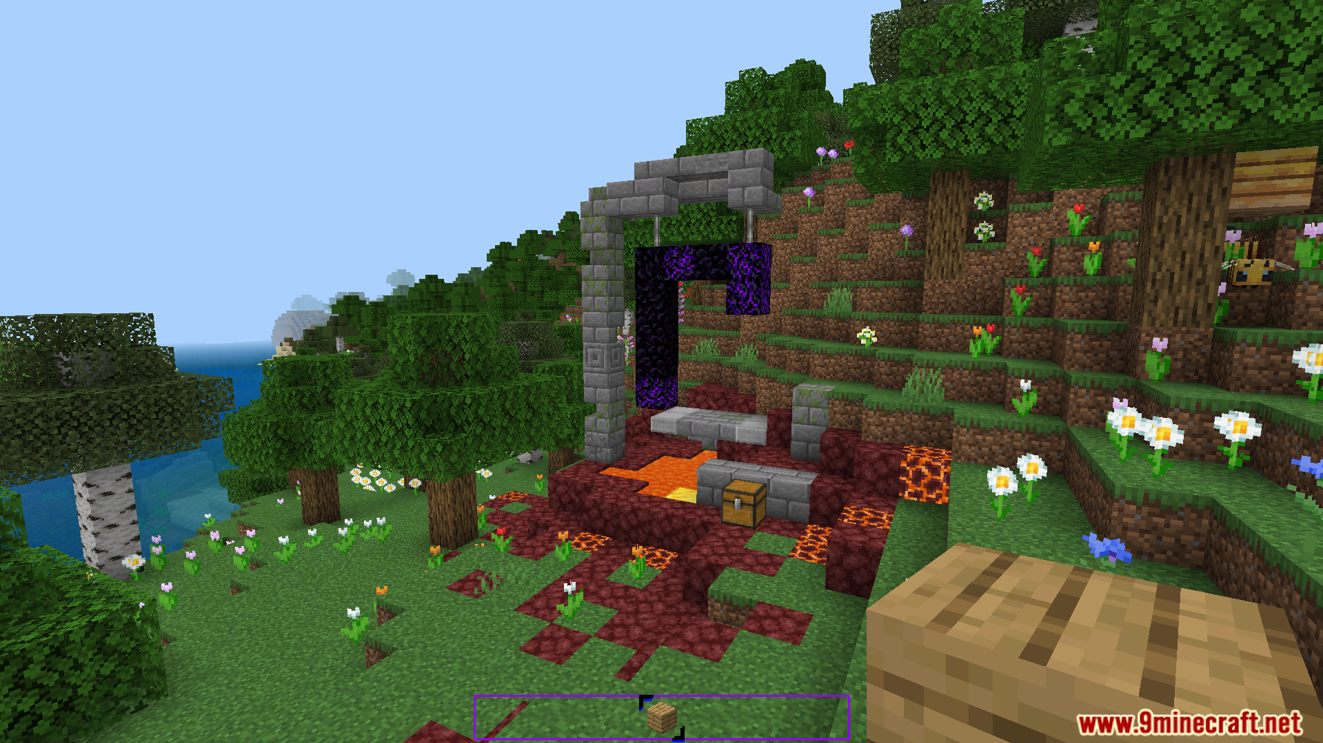 Solo Levelling Animated UI Texture Pack Screenshot 4 Minecraft Bedrock ruined portal structure in a grassy biome