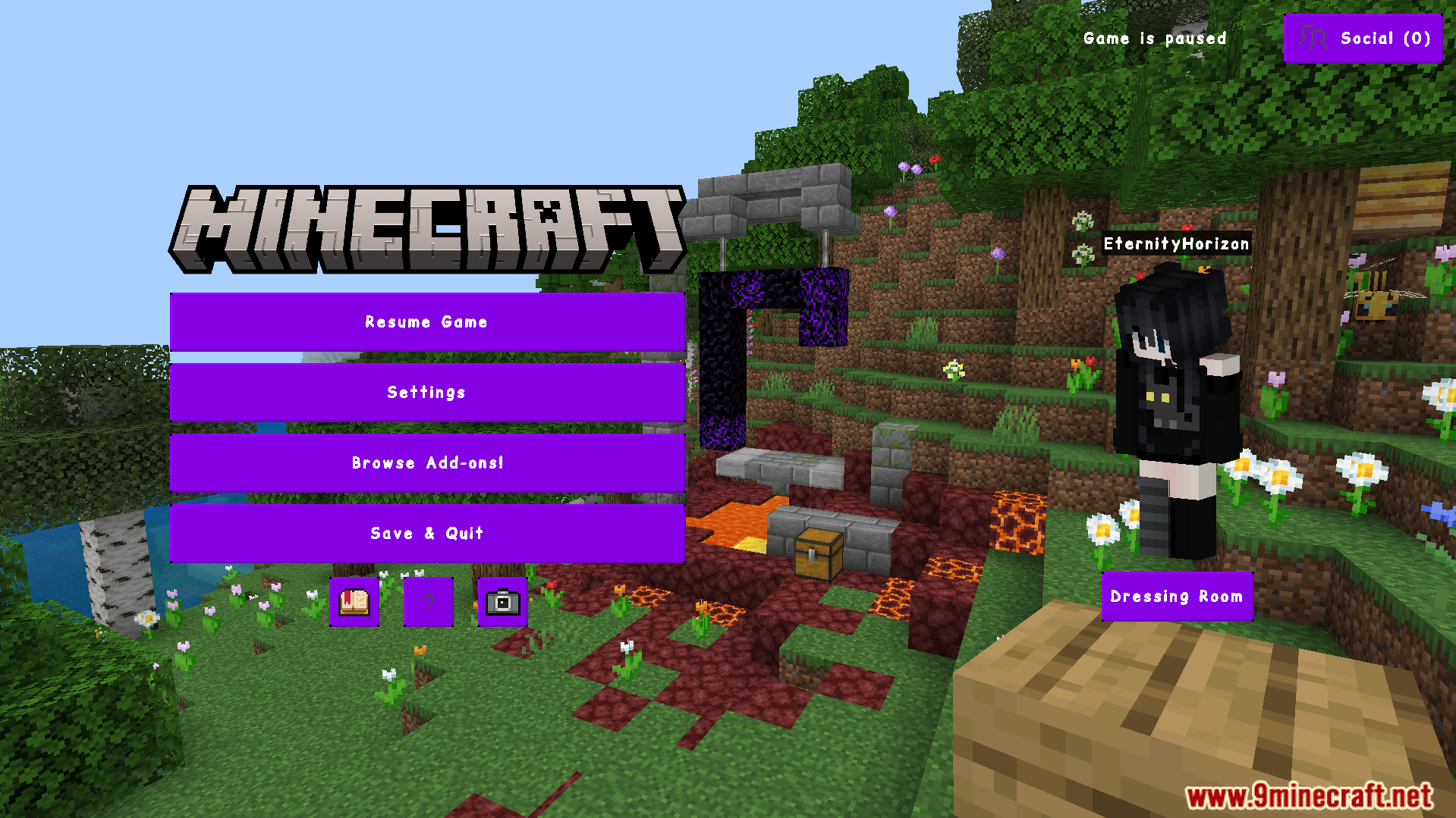 Solo Levelling Animated UI Texture Pack Screenshot 5 Purple themed pause menu with player character in Minecraft