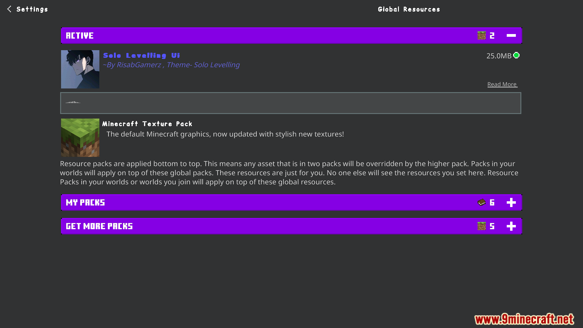 Solo Levelling Animated UI Texture Pack Screenshot 8 Global resources menu with solo levelling ui active