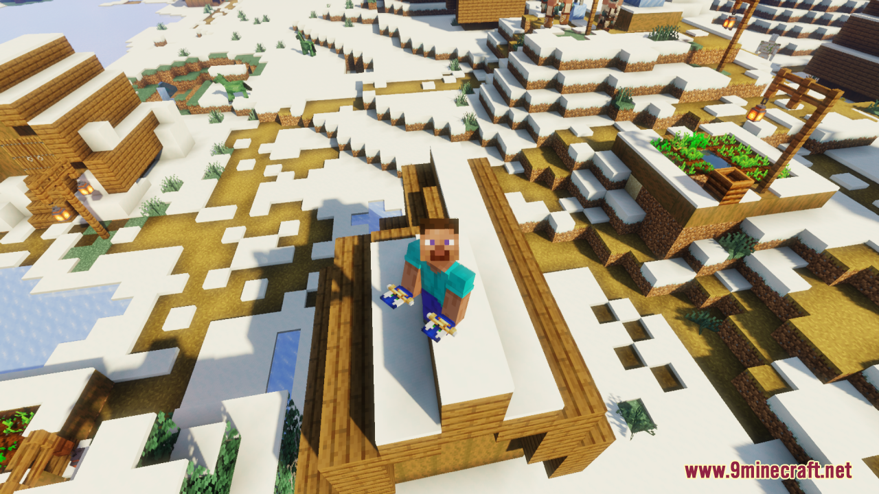 Player character standing on a snowy village roof holding two Sonic totems