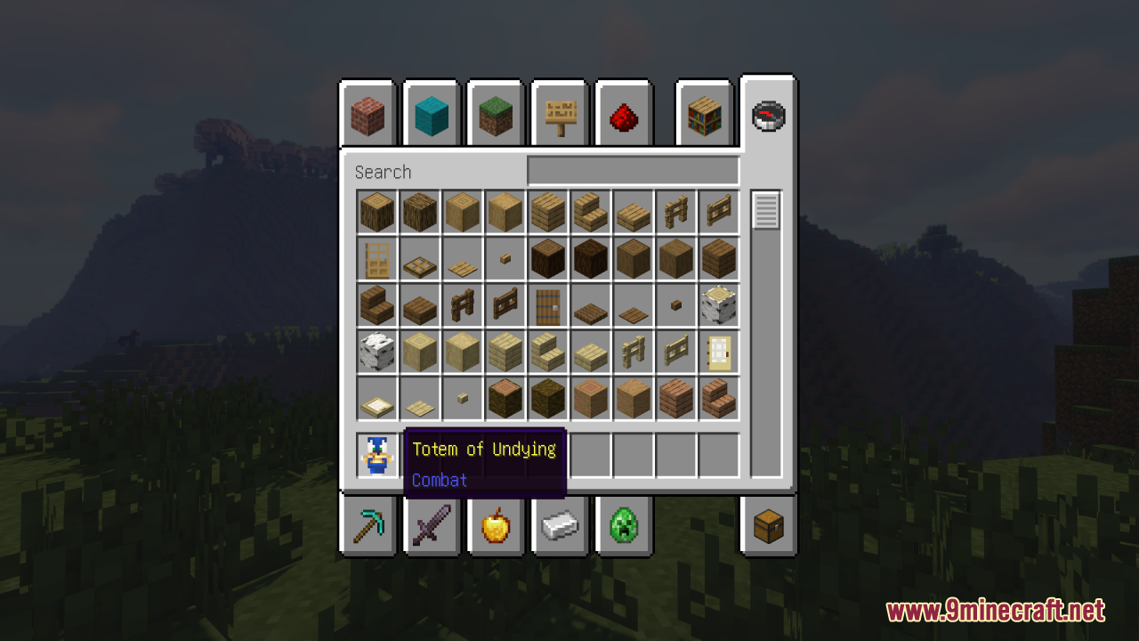 Player hovering over the custom Sonic totem in the creative inventory menu