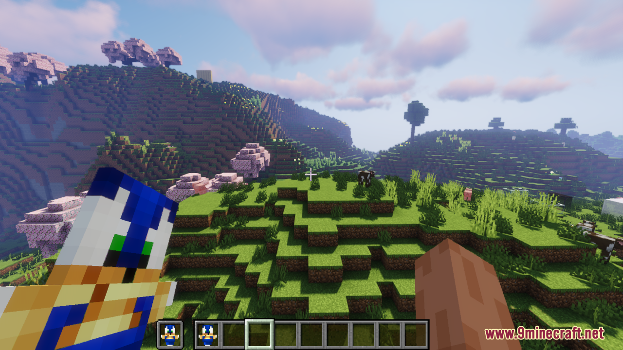 Player holding a custom Sonic totem item in a grassy hilly landscape