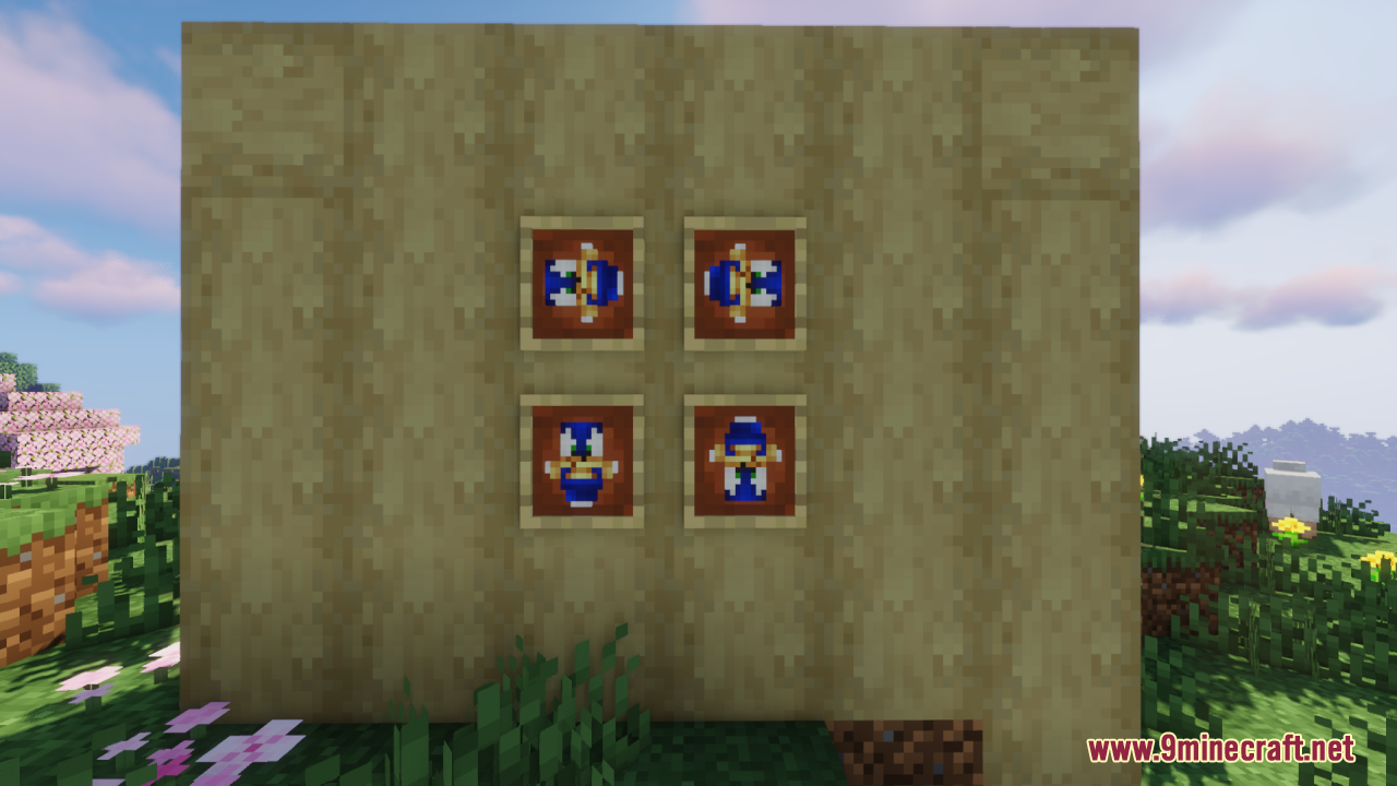 Four custom Sonic totem items displayed in item frames on a wooden wall