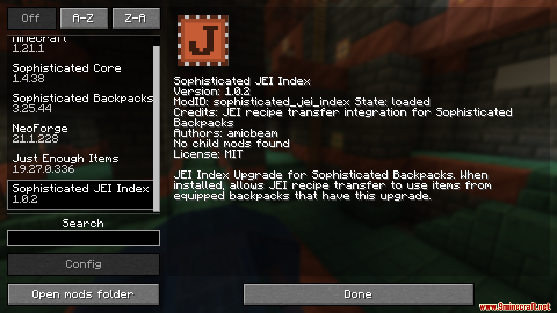 Sophisticated JEI Index mod information screen in Minecraft