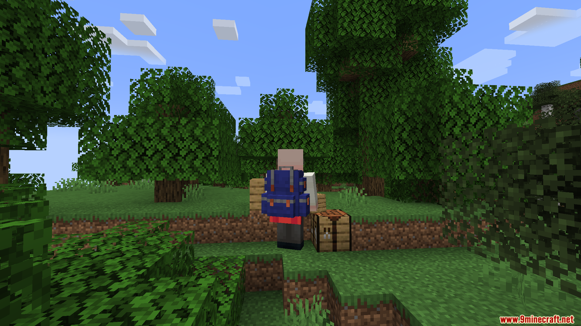 A player character wearing a large blue backpack