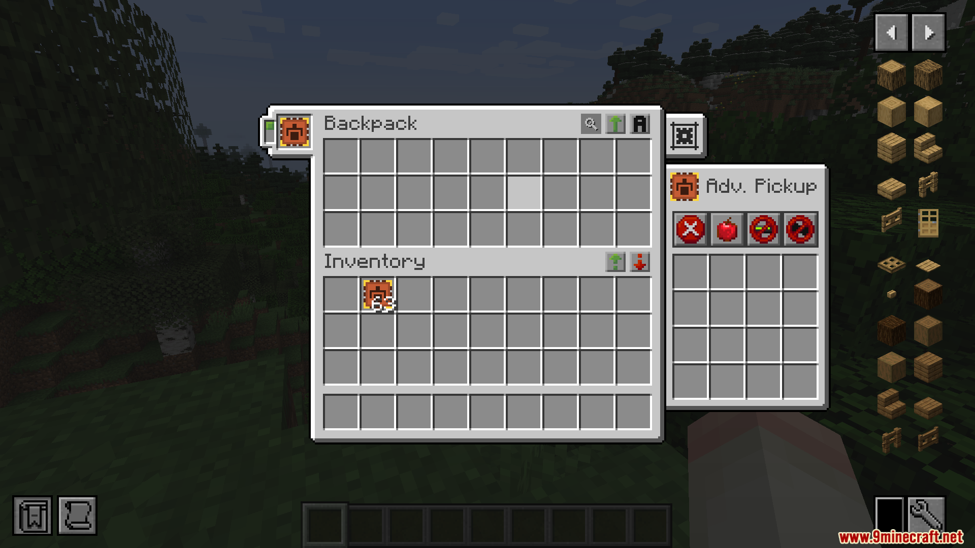 Backpack inventory with an advanced pickup upgrade installed