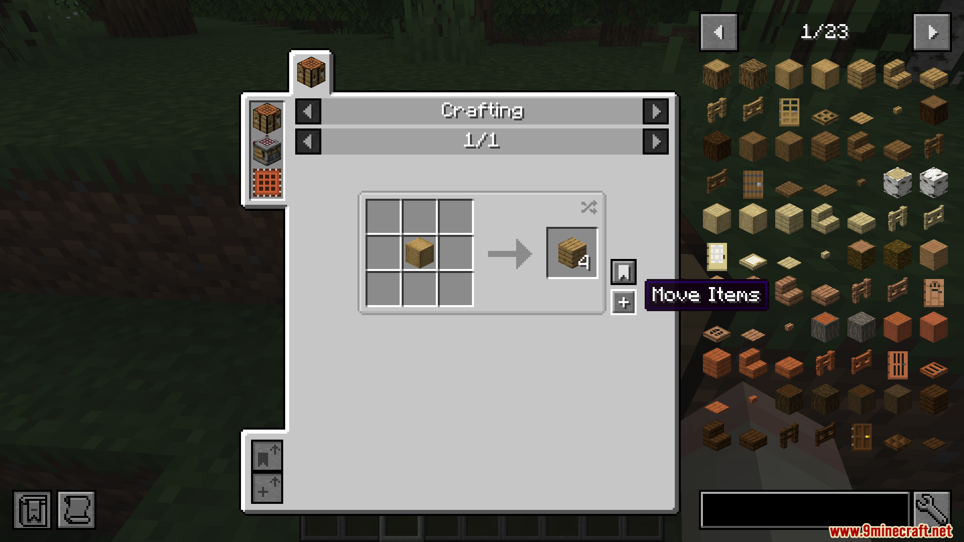 Crafting planks using the plus button to move items
