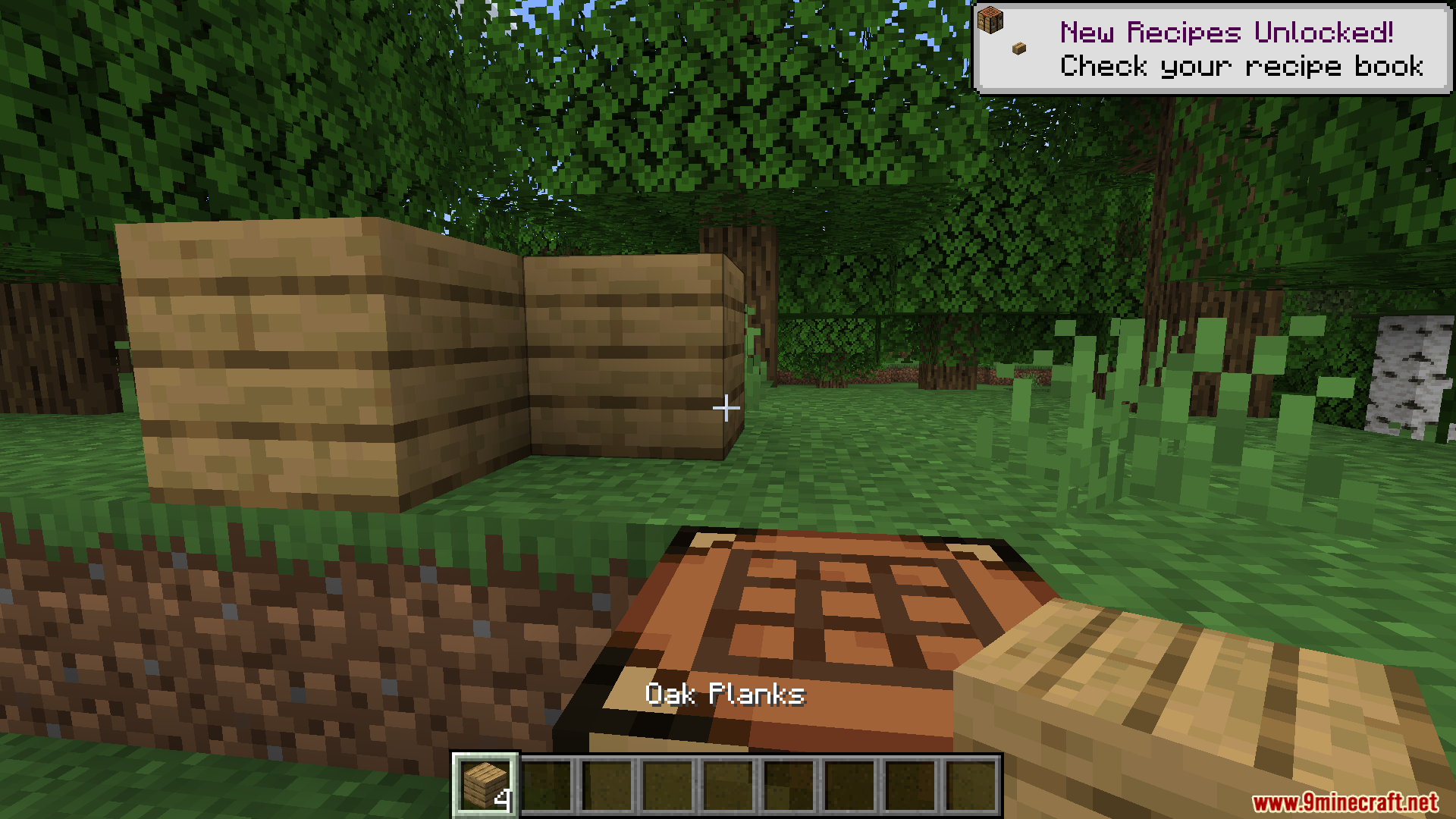 Player standing near a crafting table with oak planks
