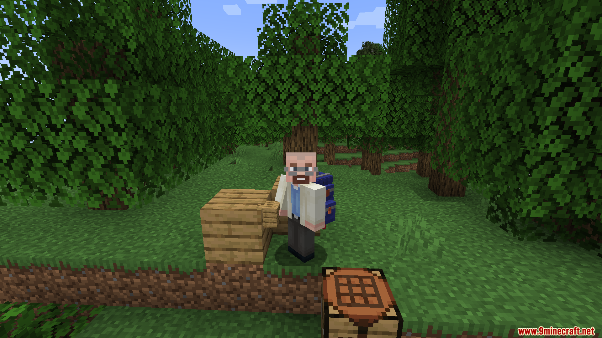Player with a Sophisticated Backpack next to a crafting table