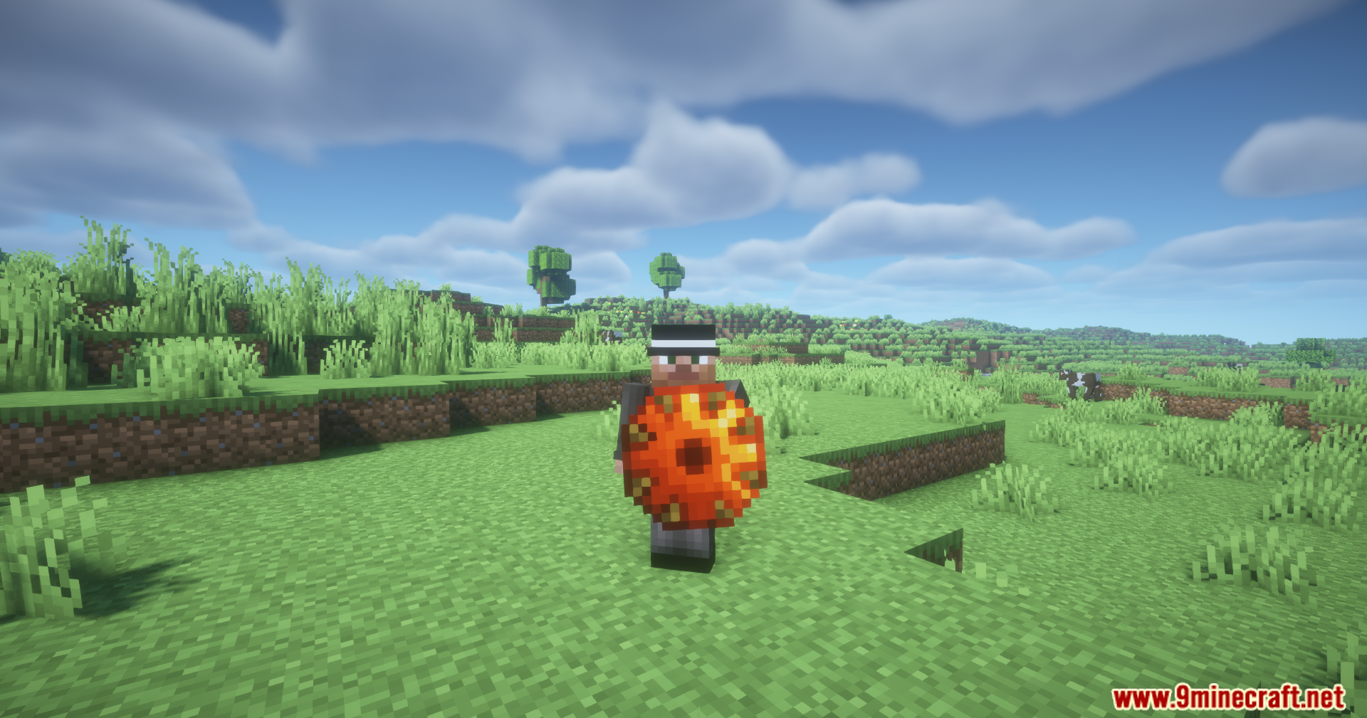 Player holding a fiery shield from Spartan Shields Unofficial mod