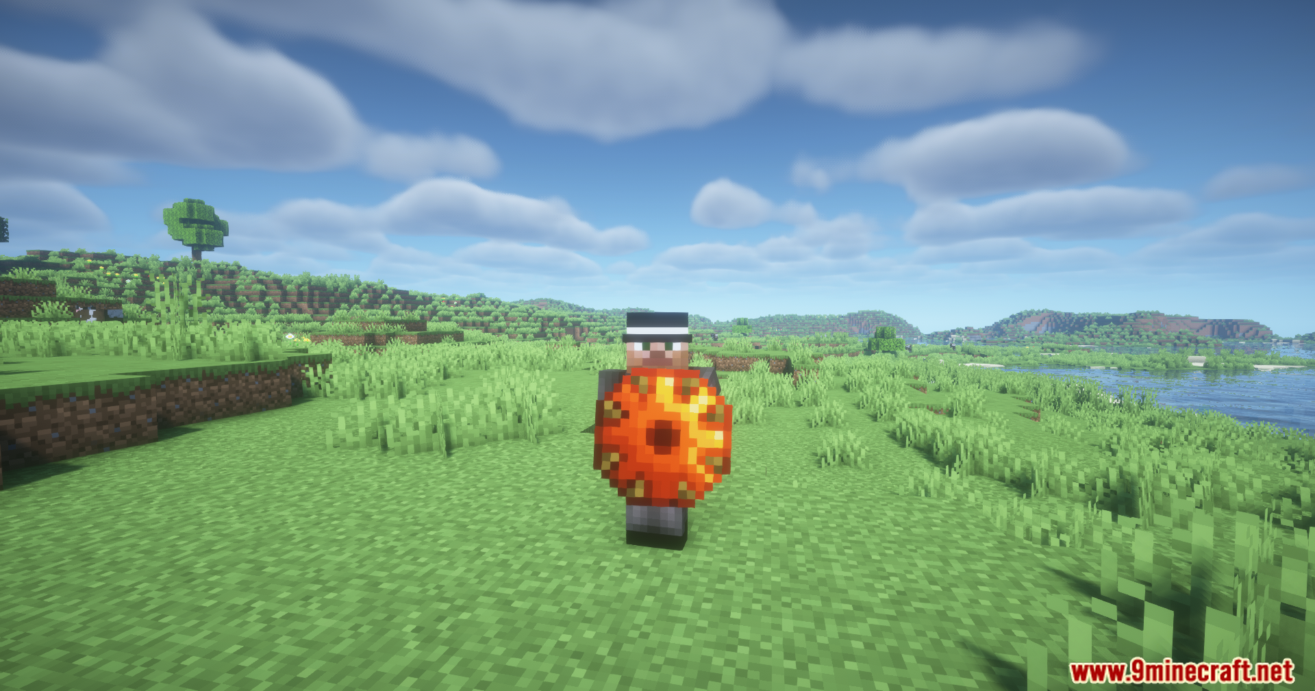 Character defending with a large custom orange shield outdoors