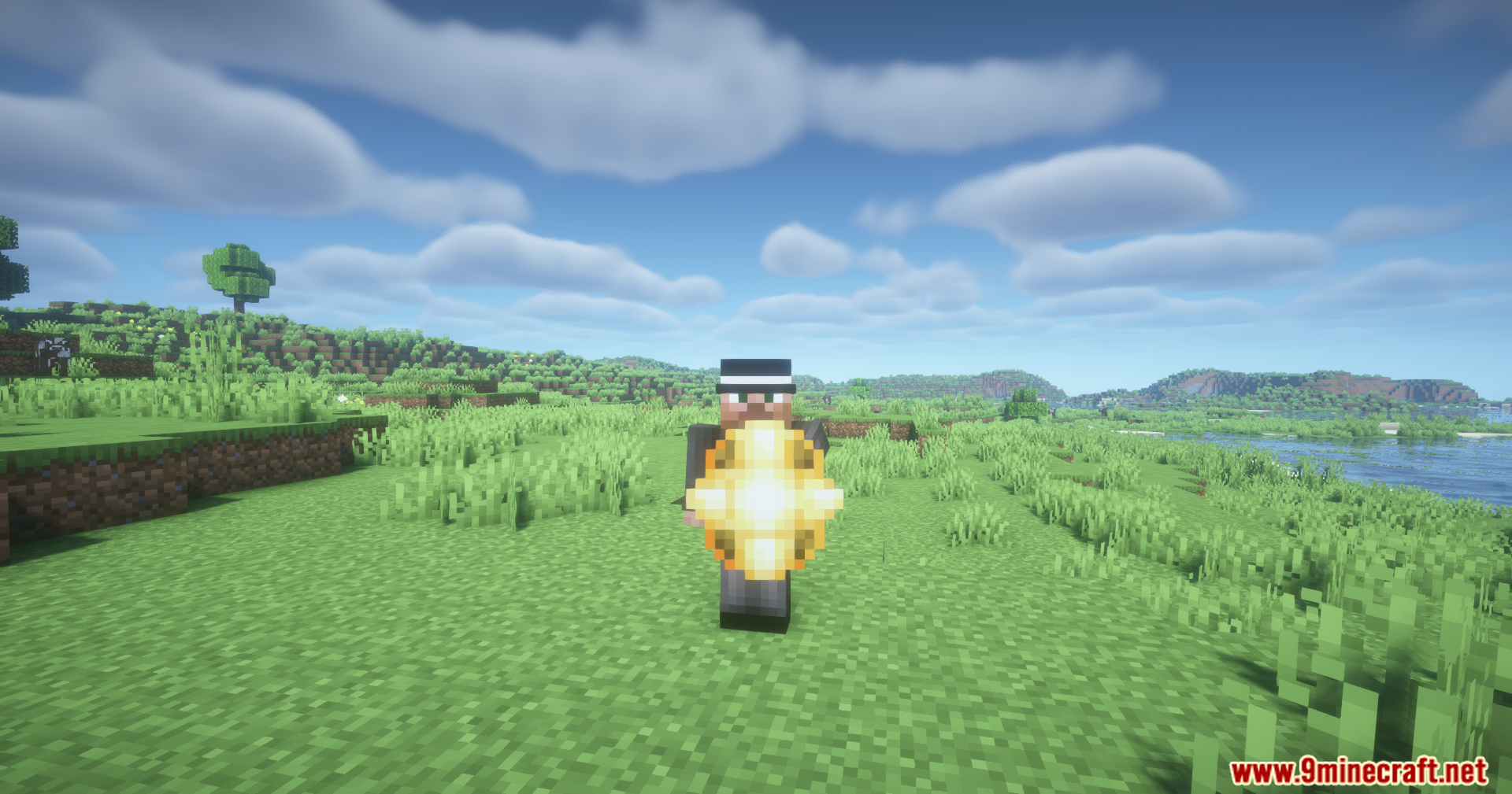 Player defending with a bright golden star shield in the overworld