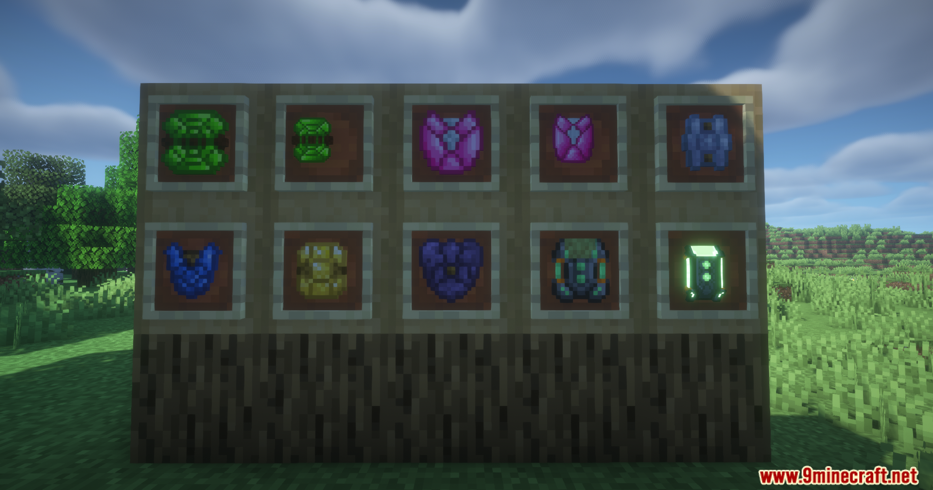 More custom shields with different designs displayed in item frames