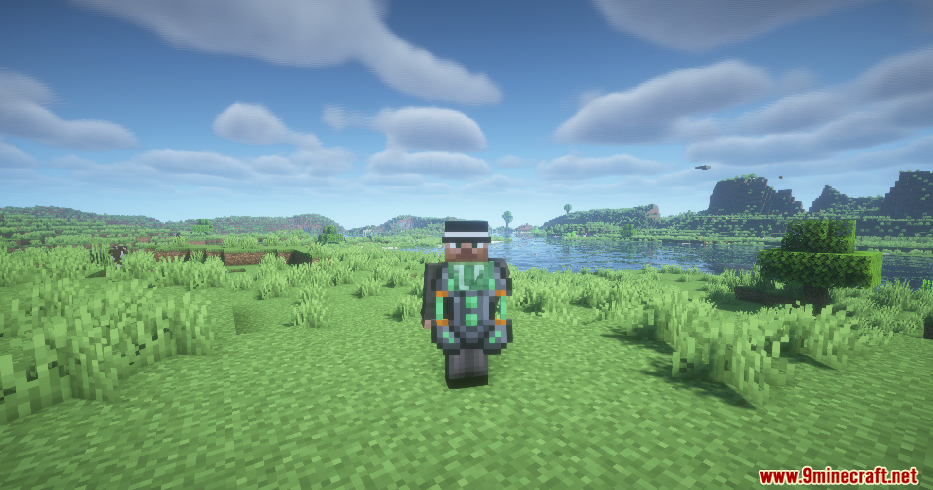 Player wearing custom armor in a grassy field