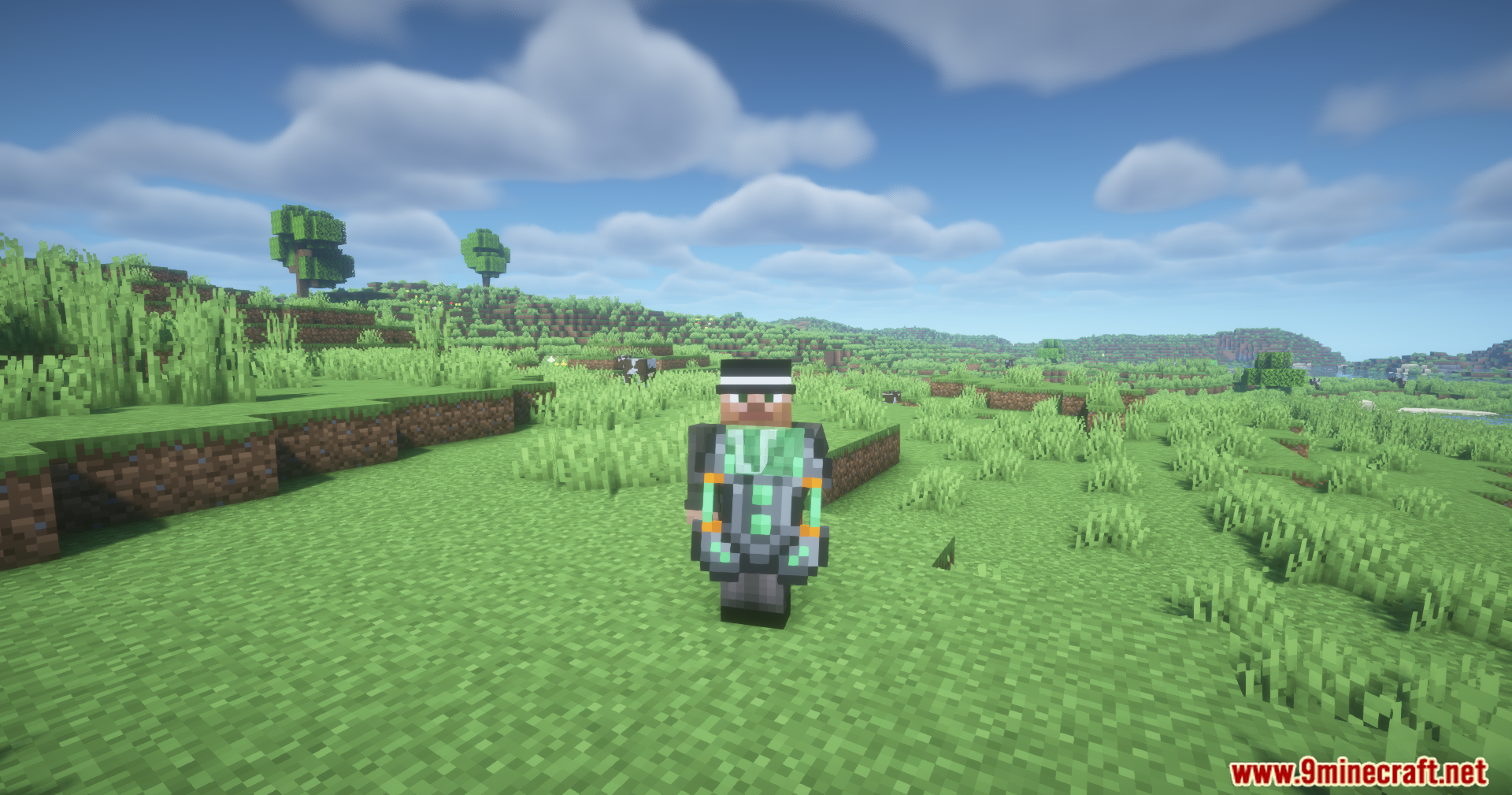 Player wearing custom armor in a grassy field