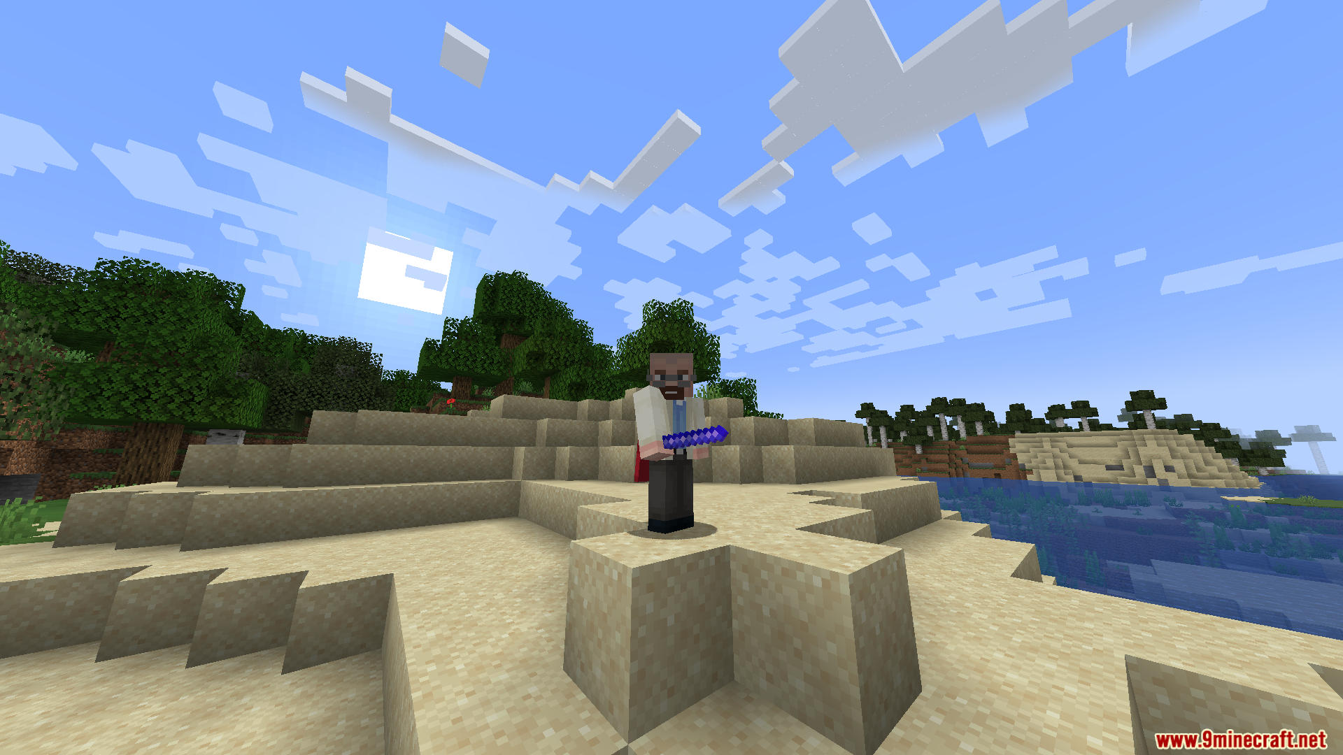 Character posing with the enchanted Speed Stick on a beach