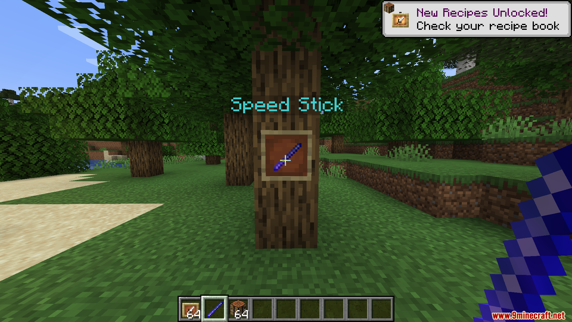 A Speed Stick displayed in an item frame on a tree