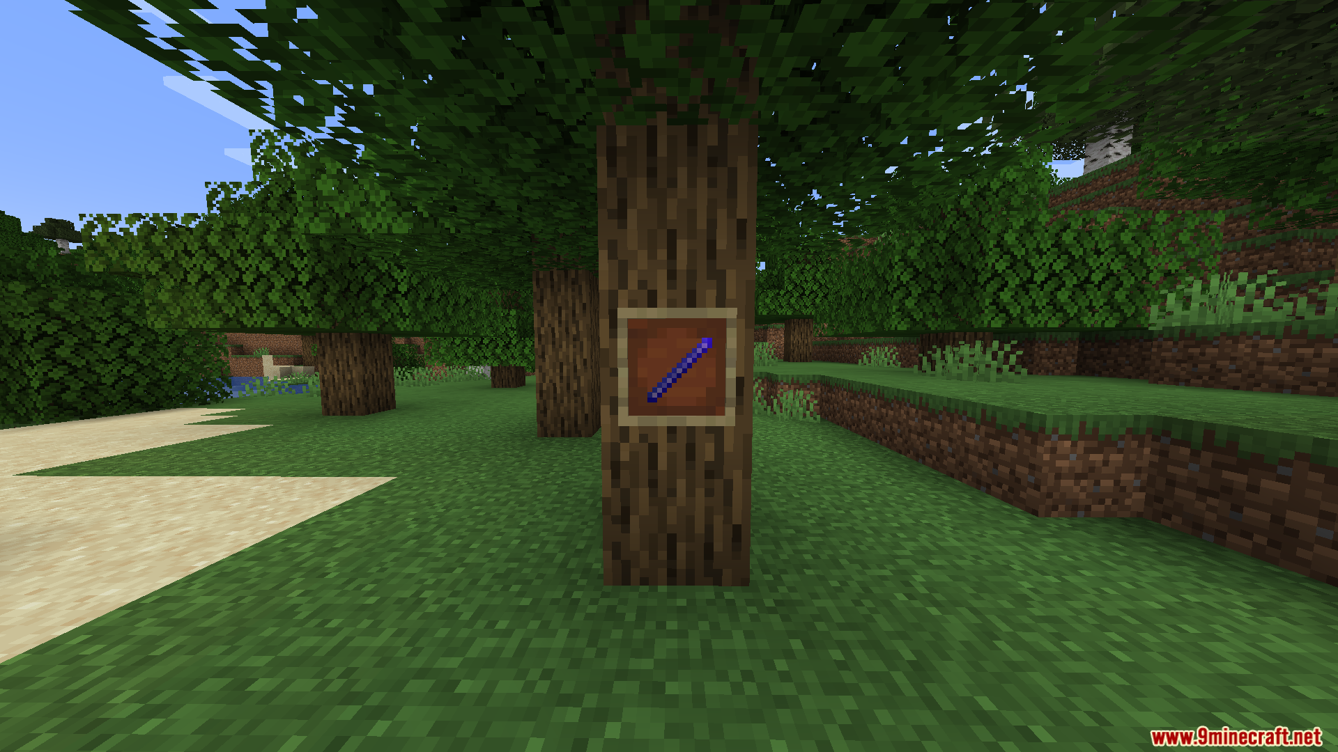 Blue enchanted stick placed in an item frame on a tree