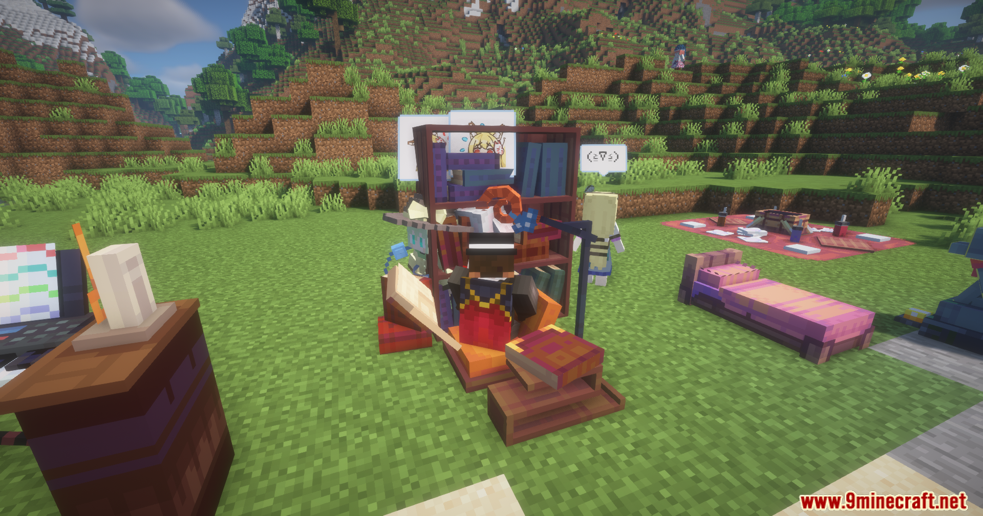 Spice of Life Maid Mod Screenshot 15 Player character sitting near bookshelves surrounded by several anime maid figures