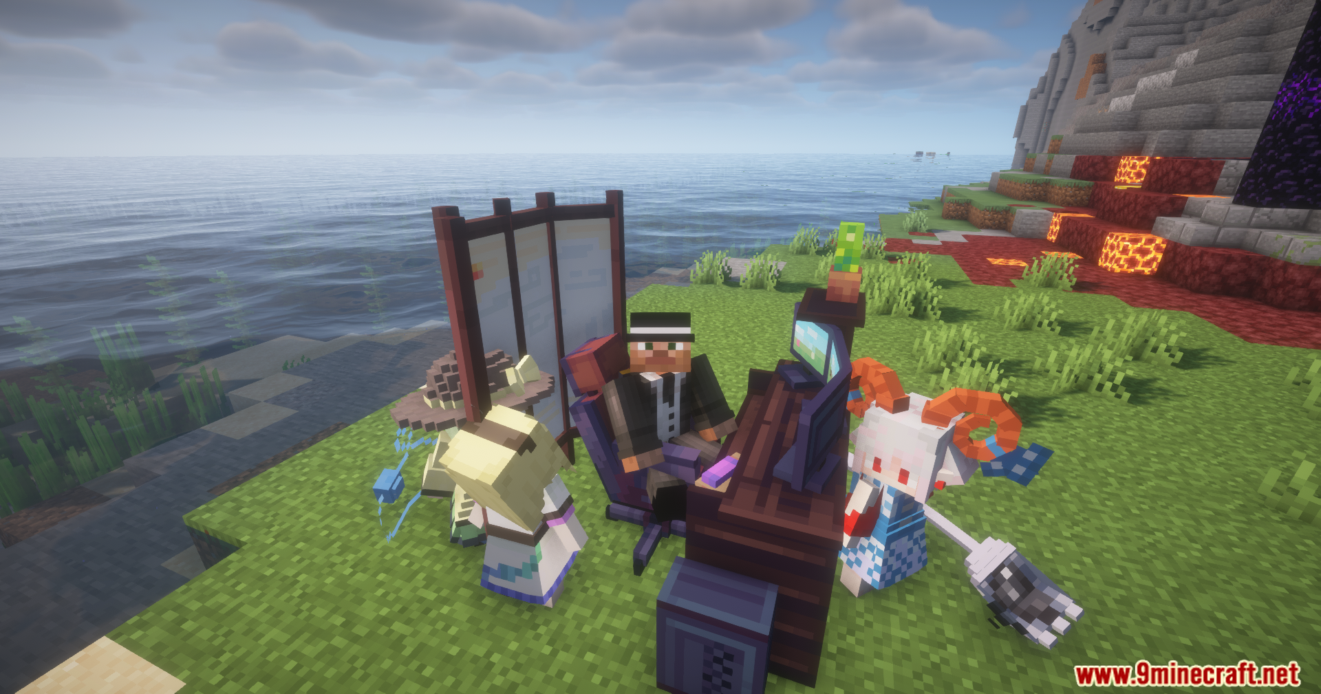 Spice of Life Maid Mod Screenshot 16 Player sitting at a computer desk outside with anime maids standing nearby
