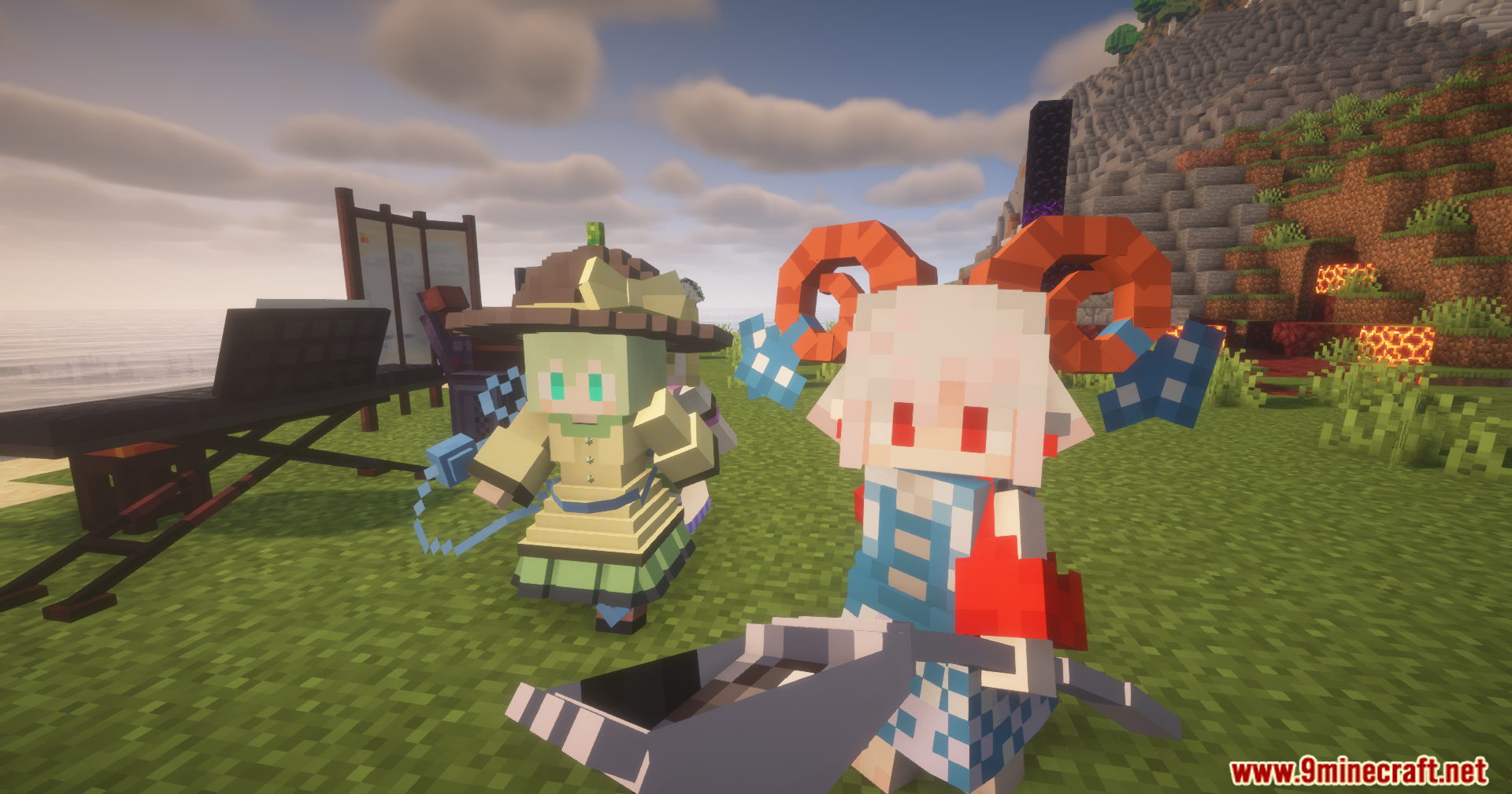 Spice of Life Maid Mod Screenshot 18 Two anime style maid characters standing in a grassy biome