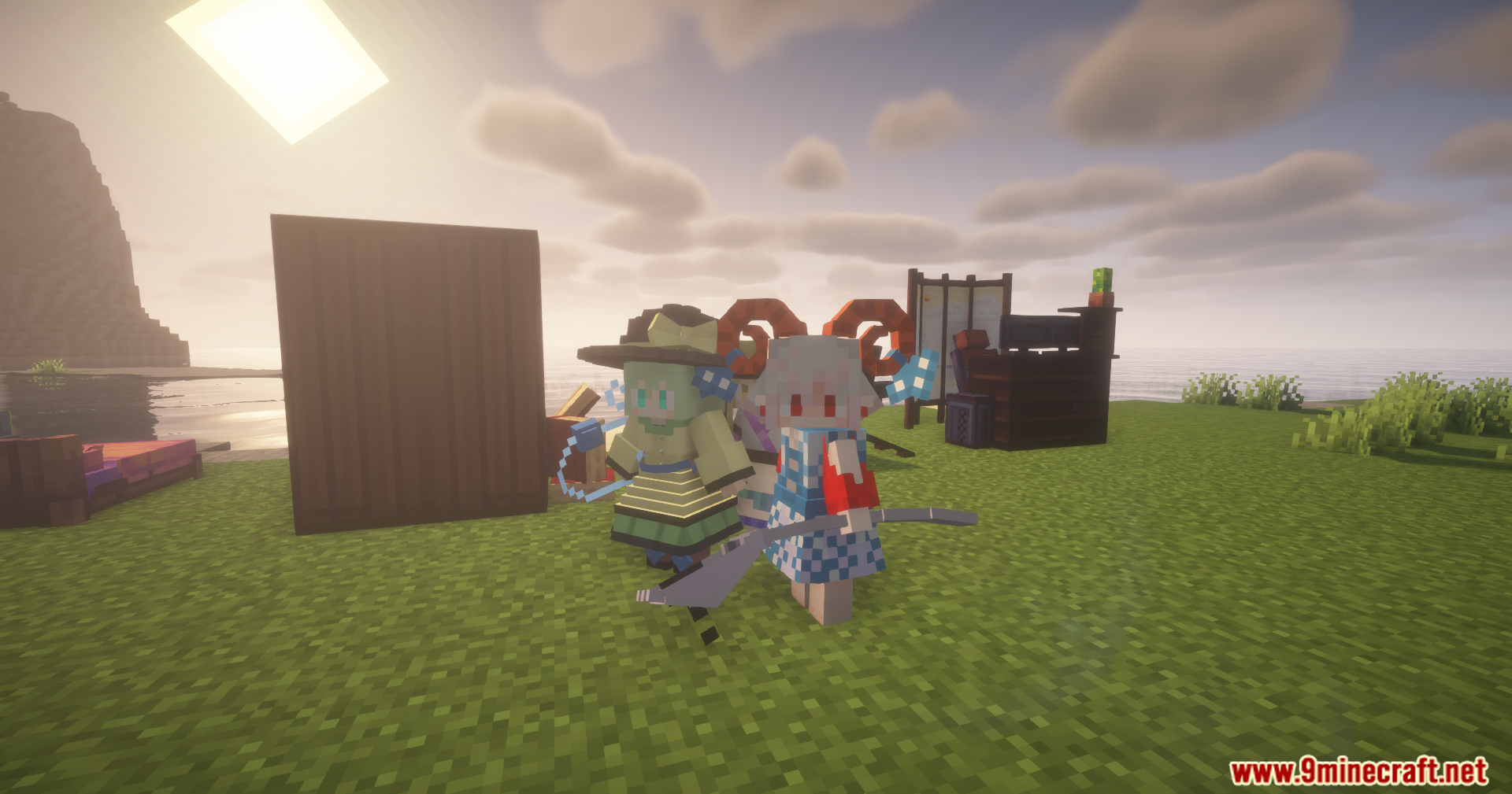 Spice of Life Maid Mod Screenshot 19 Two anime style maid characters standing in a grassy field near water