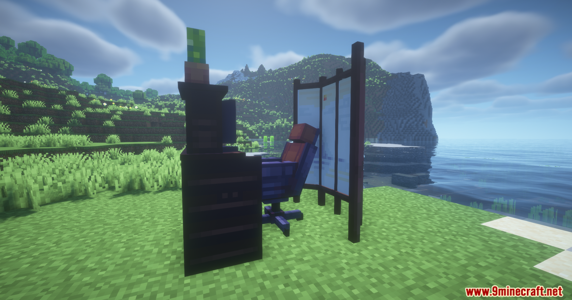 Spice of Life Maid Mod Screenshot 6 A custom computer desk setup with a chair and privacy screen